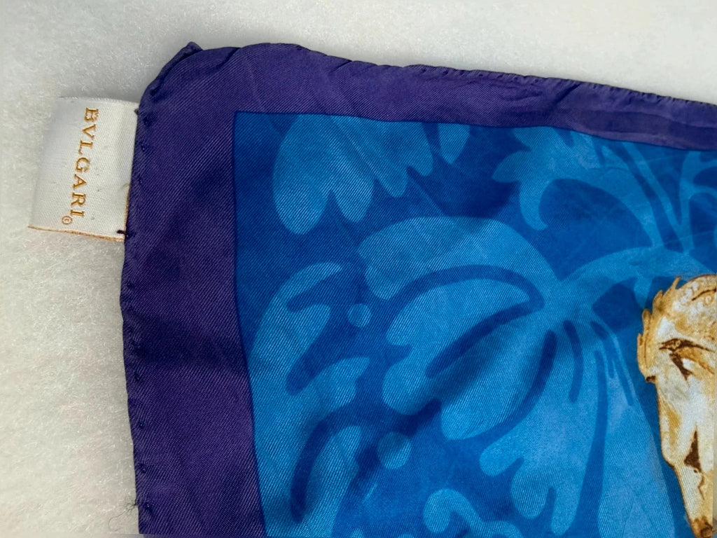 Foulard Bulgari blu, stampa leoni e gemme – Vintage