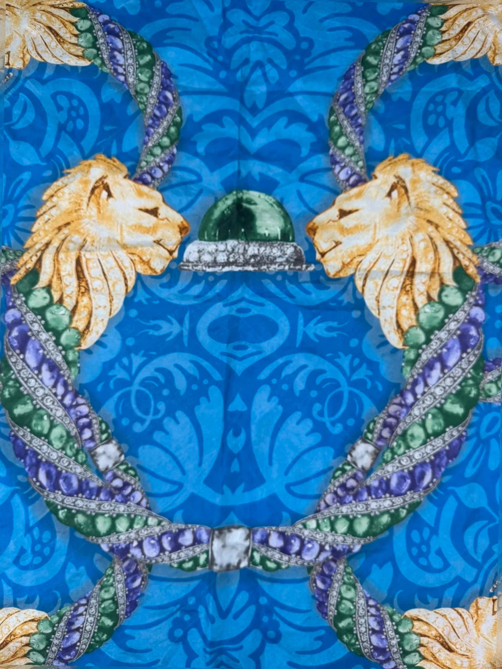 Foulard Bulgari blu, stampa leoni e gemme – Vintage