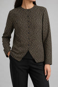 Camicia-giacca vintage donna lana nera fiori beige indossata