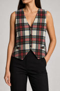 Gilet vintage donna tartan panna verde rosso indossato