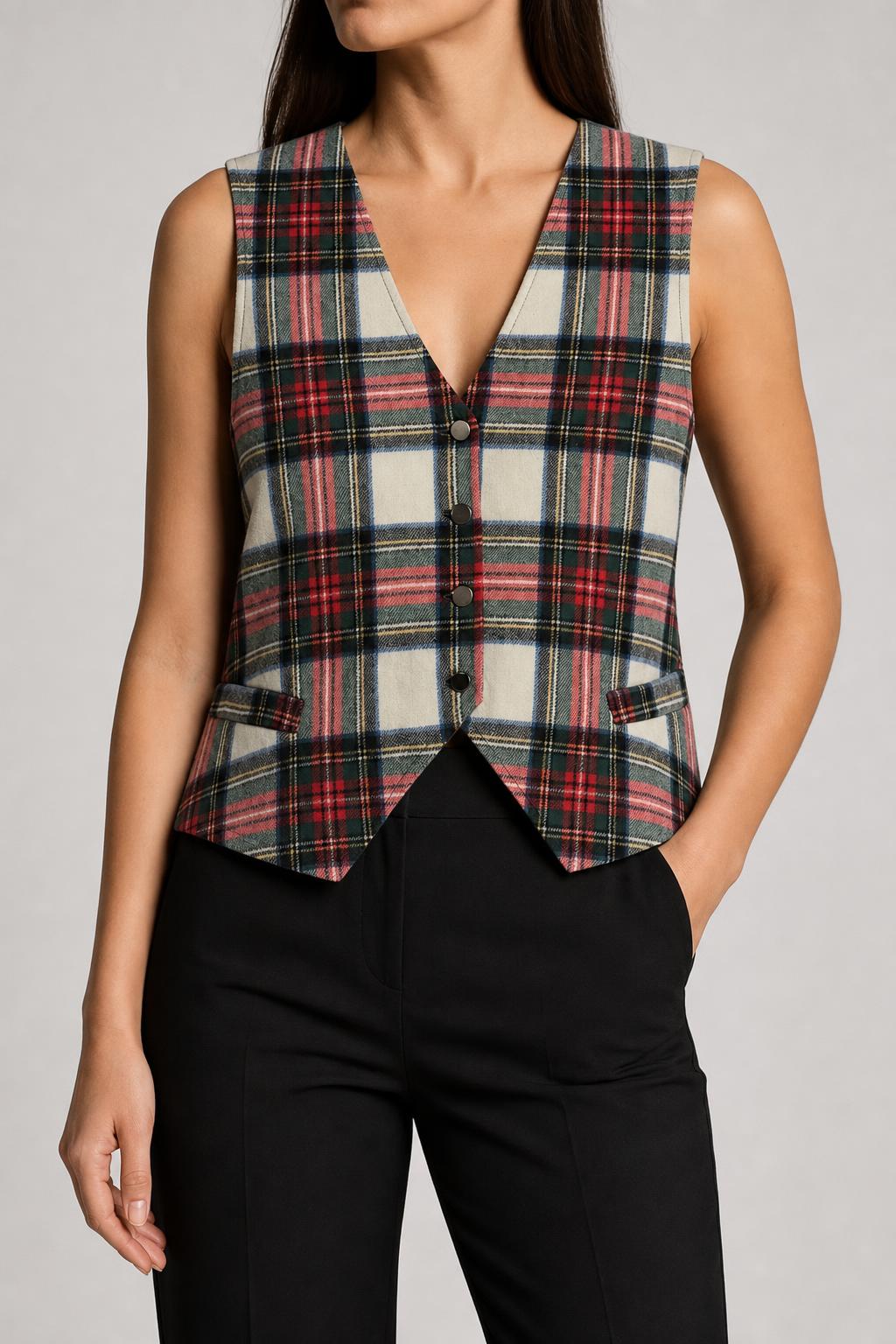 Gilet vintage donna tartan panna verde rosso indossato