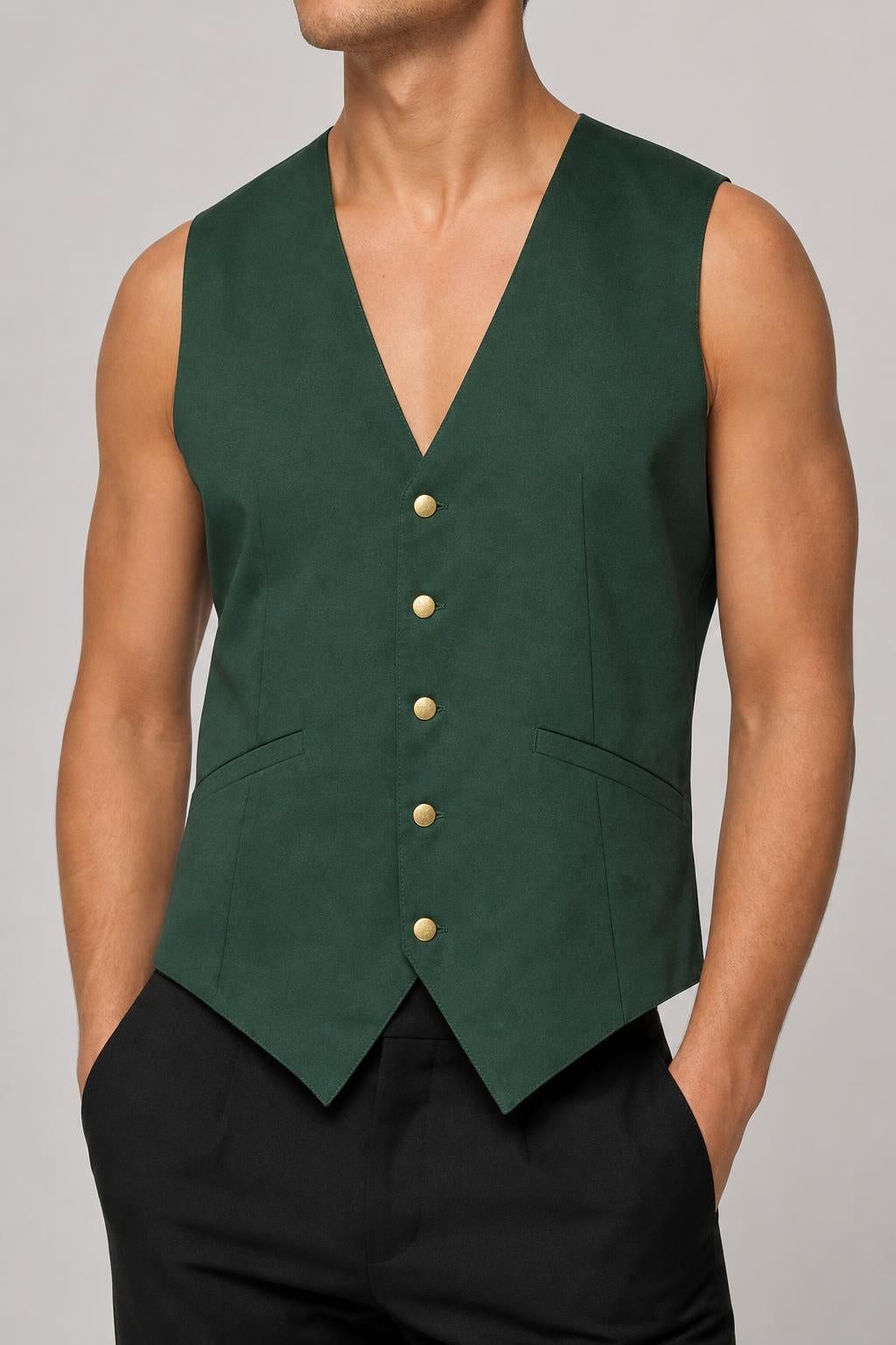 Gilet elegante vintage uomo verde scuro indossato