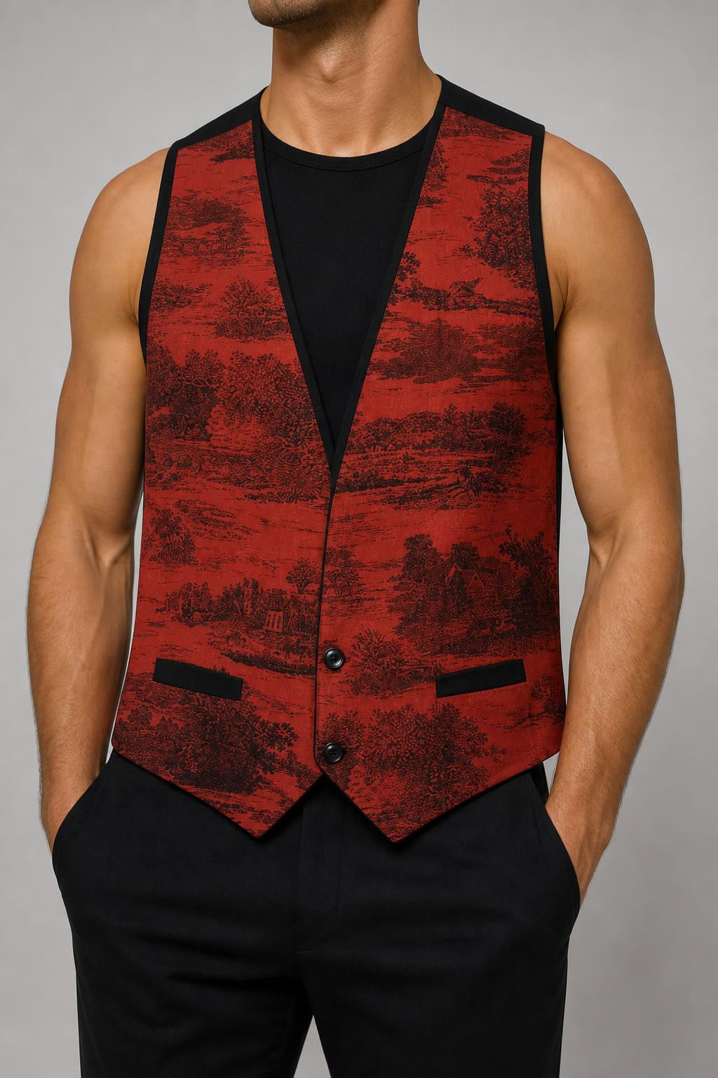 Gilet vintage uomo rosso stampa toile de Jouy indossato