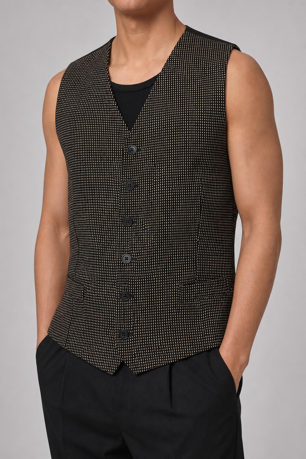 Gilet elegante vintage uomo nero micro-pois oro indossato