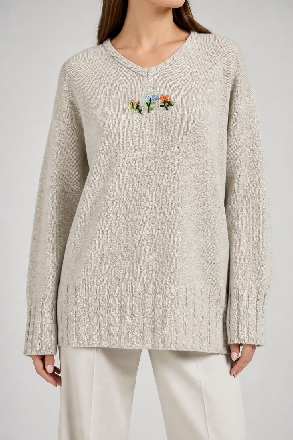 Maglione beige con ricamo floreale Bluhem vintage – Donna Taglia M (IT 42)