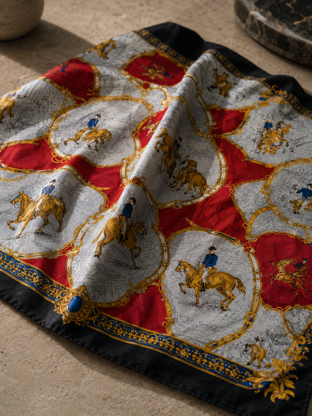 Foulard Tiffany in seta, stampa equestre – Vintage