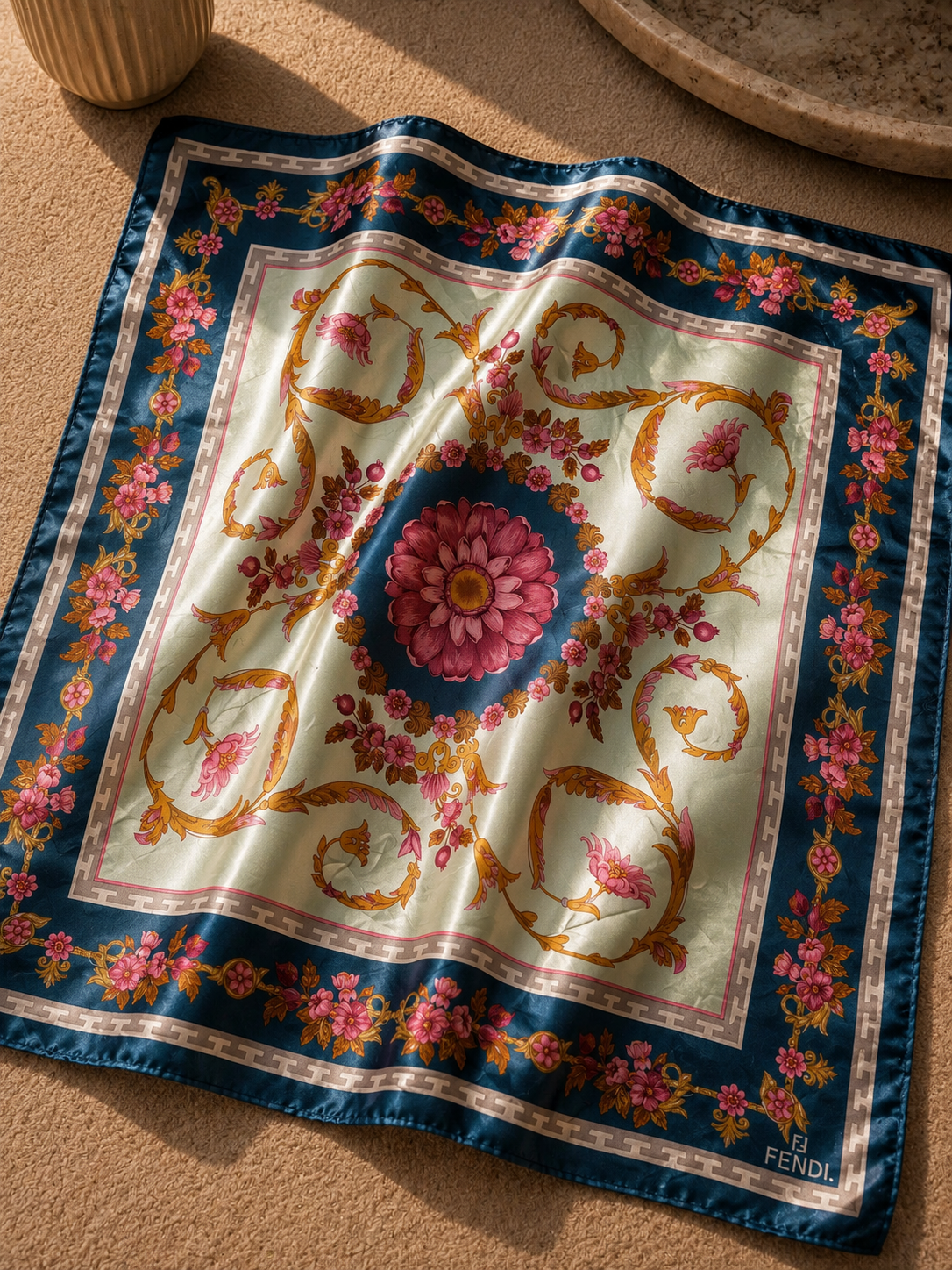 Foulard Fendi in seta, fantasia floreale blu – Vintage