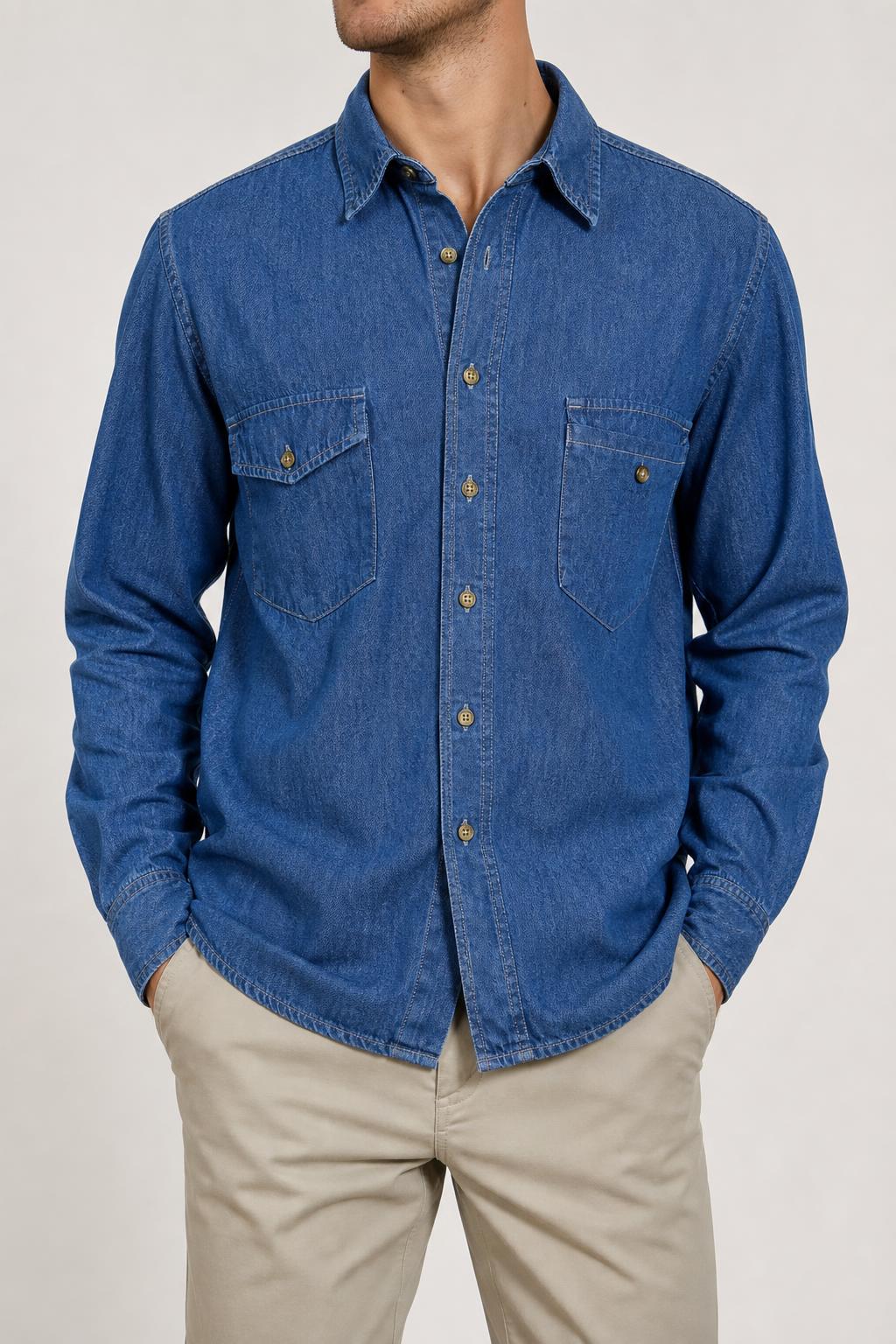 Camicia di jeans blu Uomo M indossata