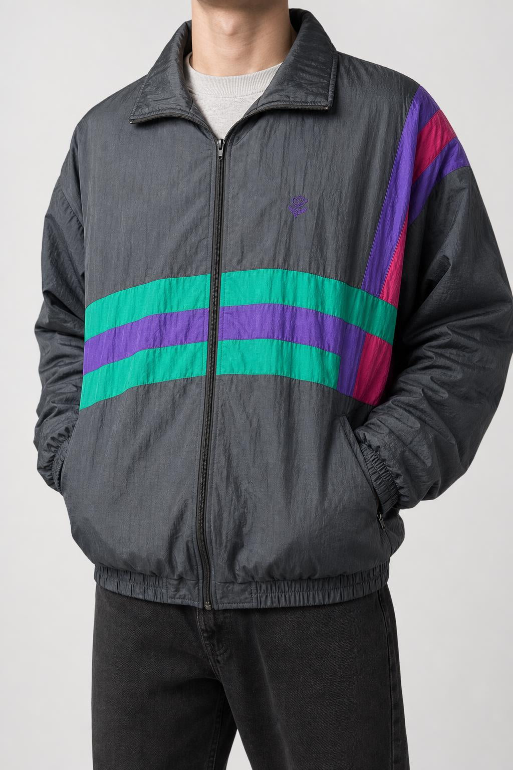 Giubbotto windbreaker grigio a righe 90s vintage – Uomo Taglia XL