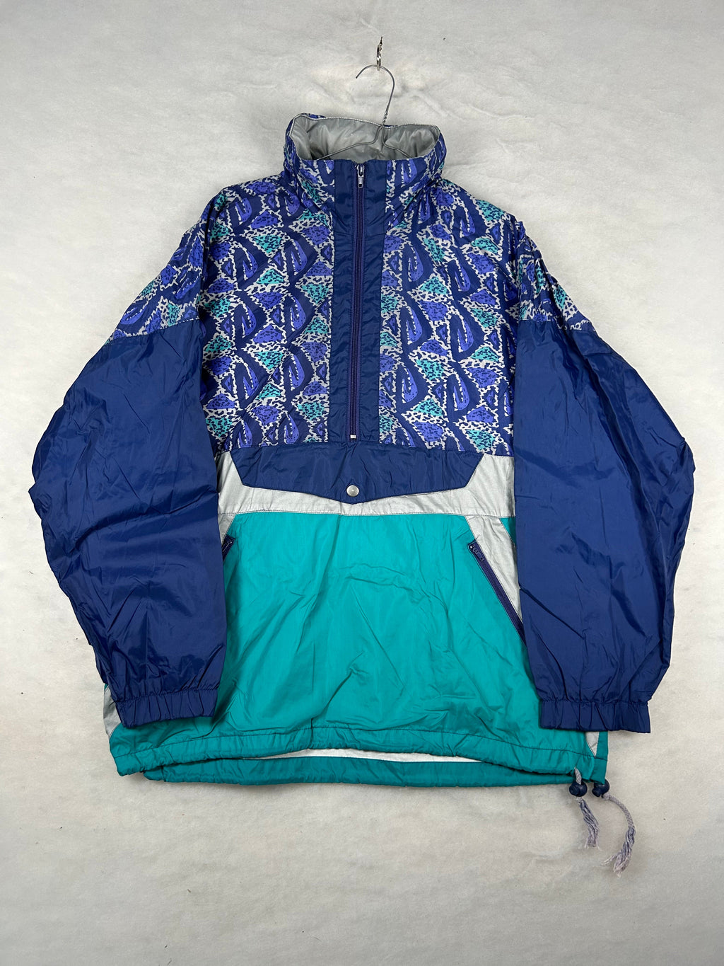 Giacca a vento anni 90 mezza zip stampa blu e verde acqua vintage – Donna L