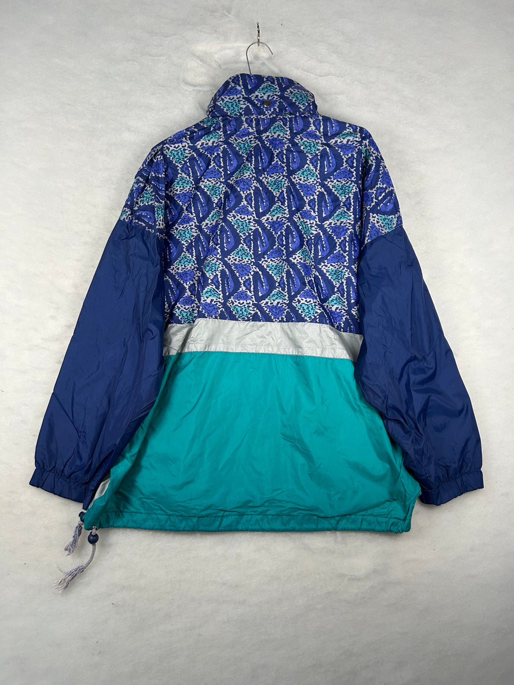 Giacca a vento anni 90 mezza zip stampa blu e verde acqua vintage – Donna L