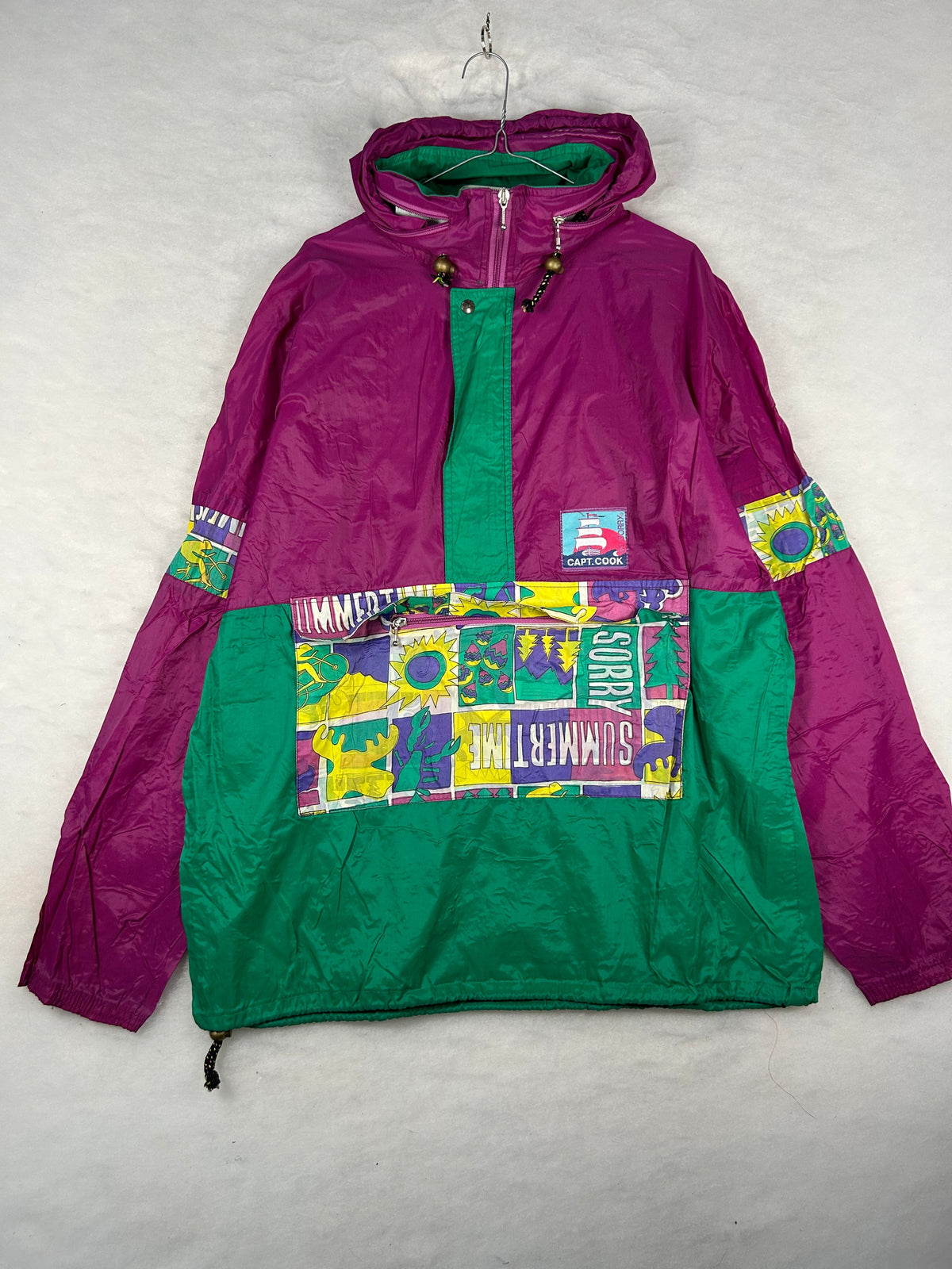 Anorak mezza zip con cappuccio anni 90 viola e verde vintage – Uomo L