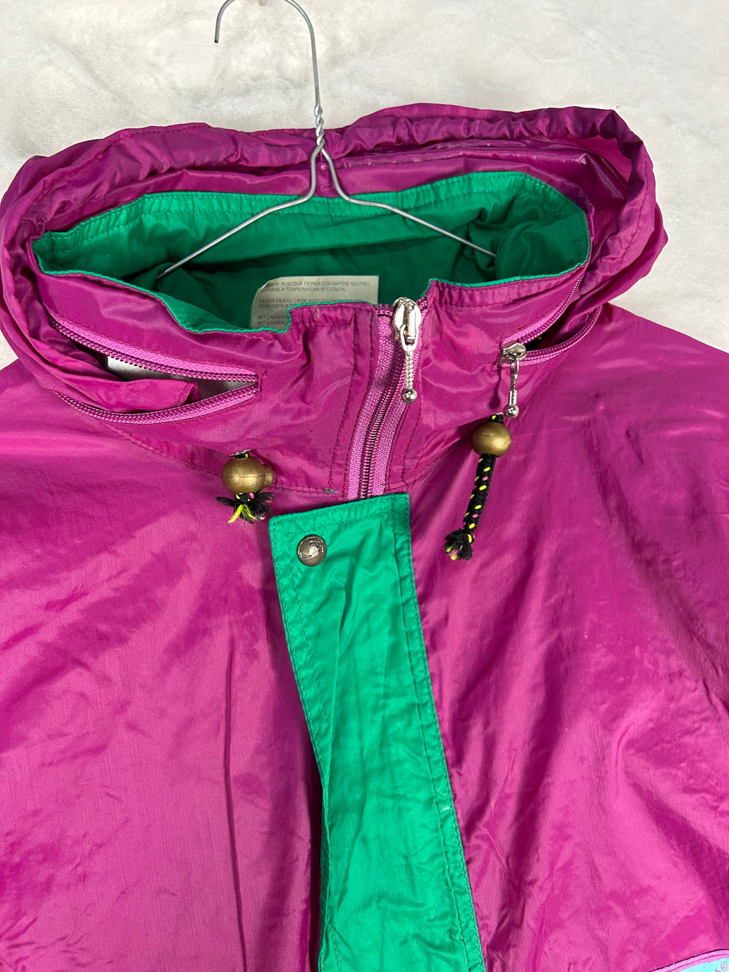Anorak mezza zip con cappuccio anni 90 viola e verde vintage – Uomo L