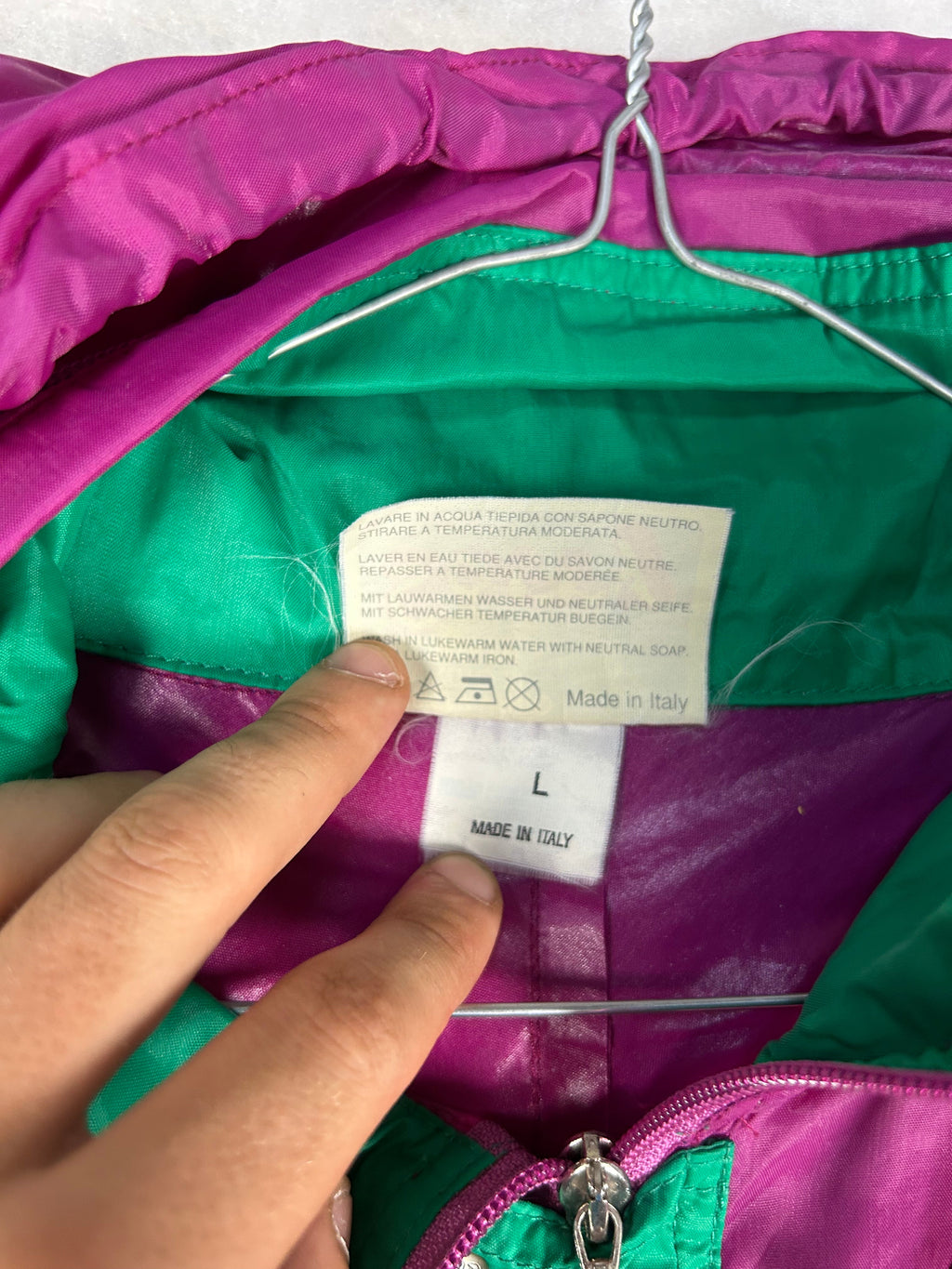 Anorak mezza zip con cappuccio anni 90 viola e verde vintage – Uomo L