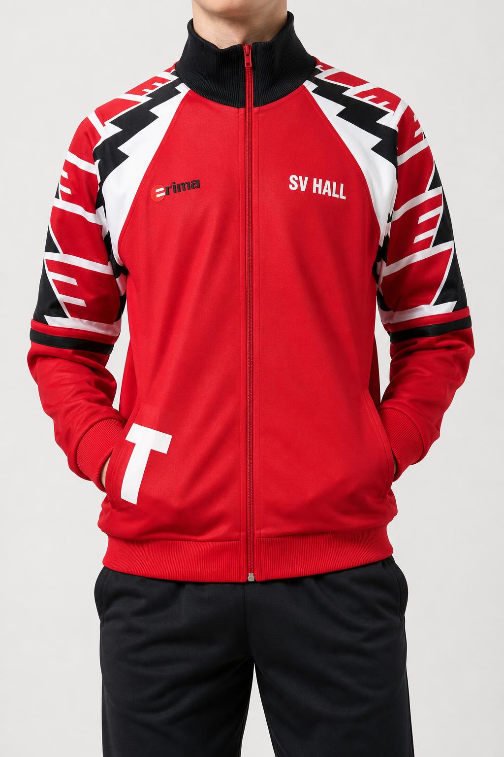 Track jacket rossa vintage indossata
