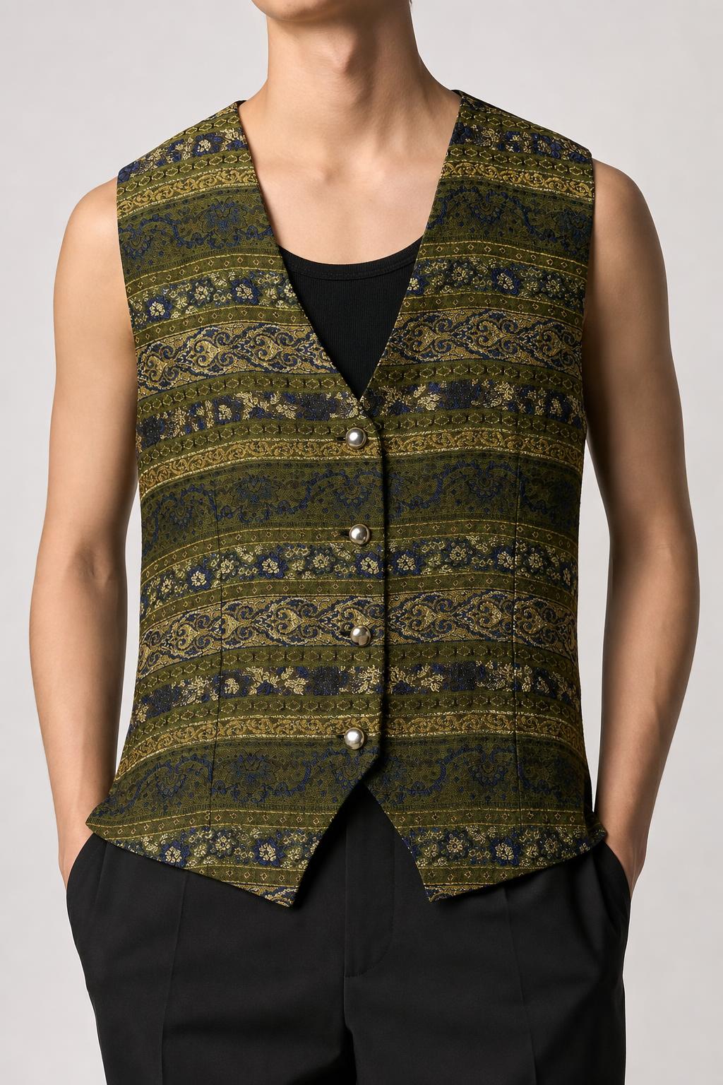 Gilet panciotto vintage donna broccato verde oro - modello