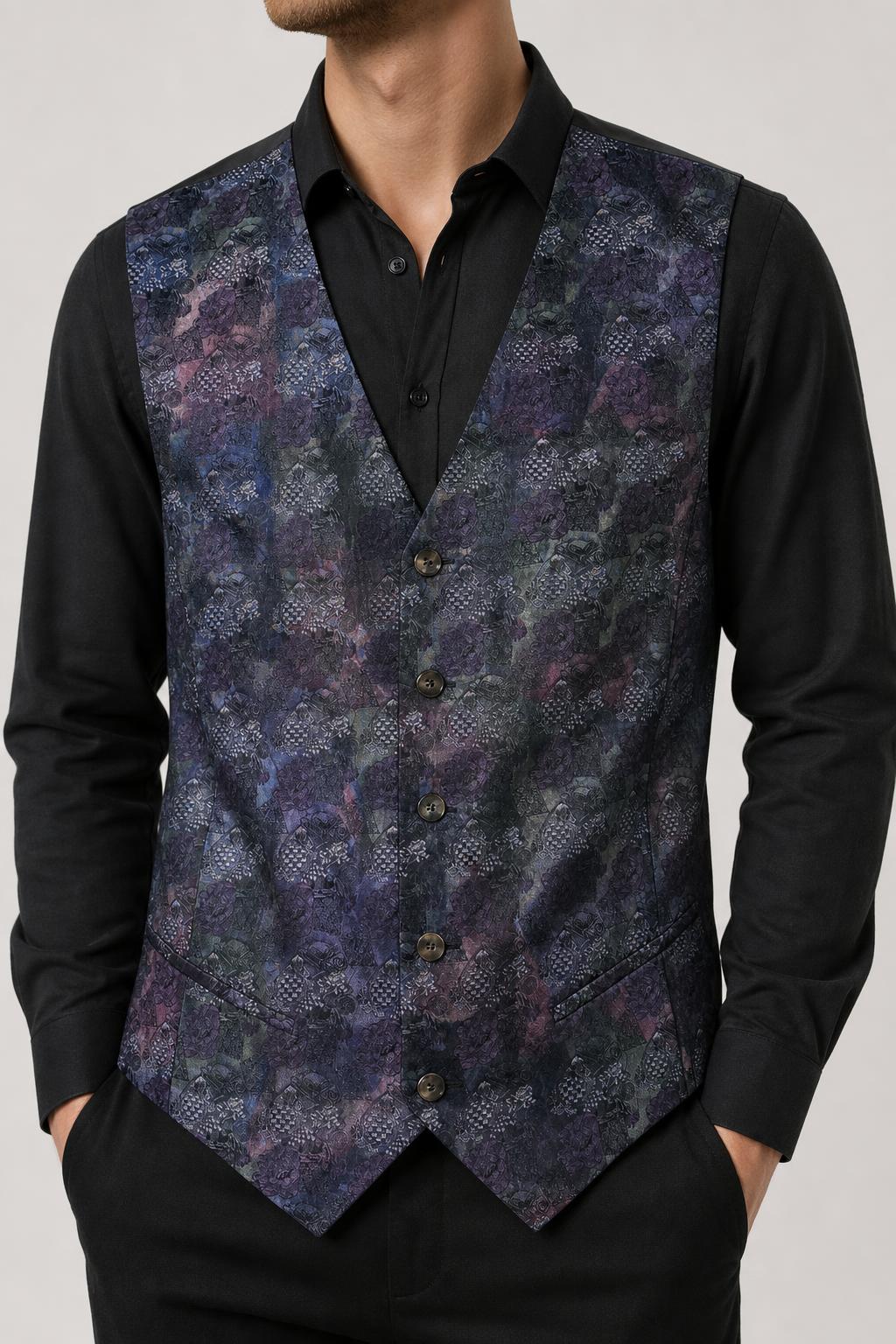 Gilet vintage uomo jacquard floreale multicolore indossato