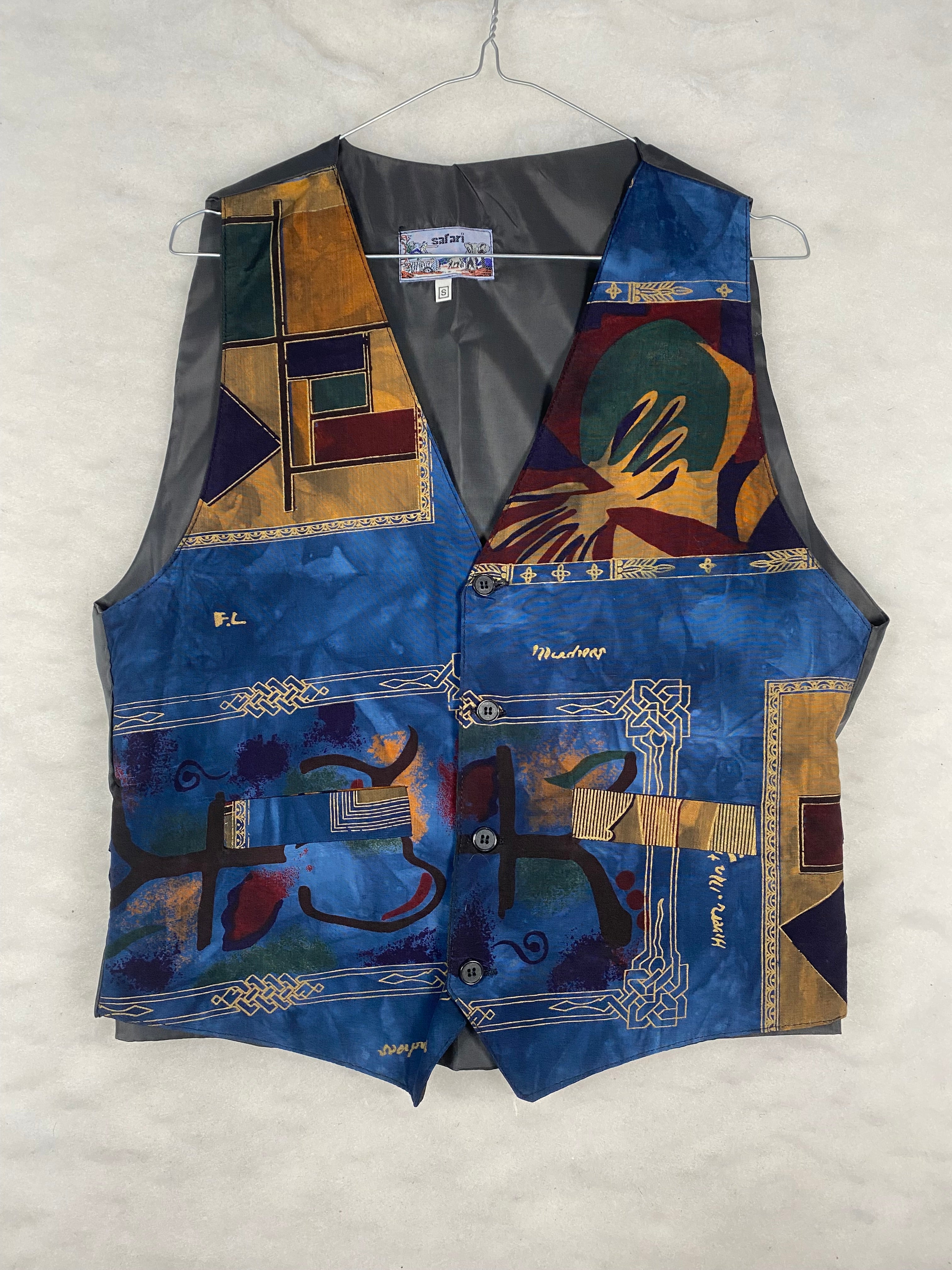 Gilet / Panciotto Vintage Uomo a Stampa Artistica – Blu Multicolore