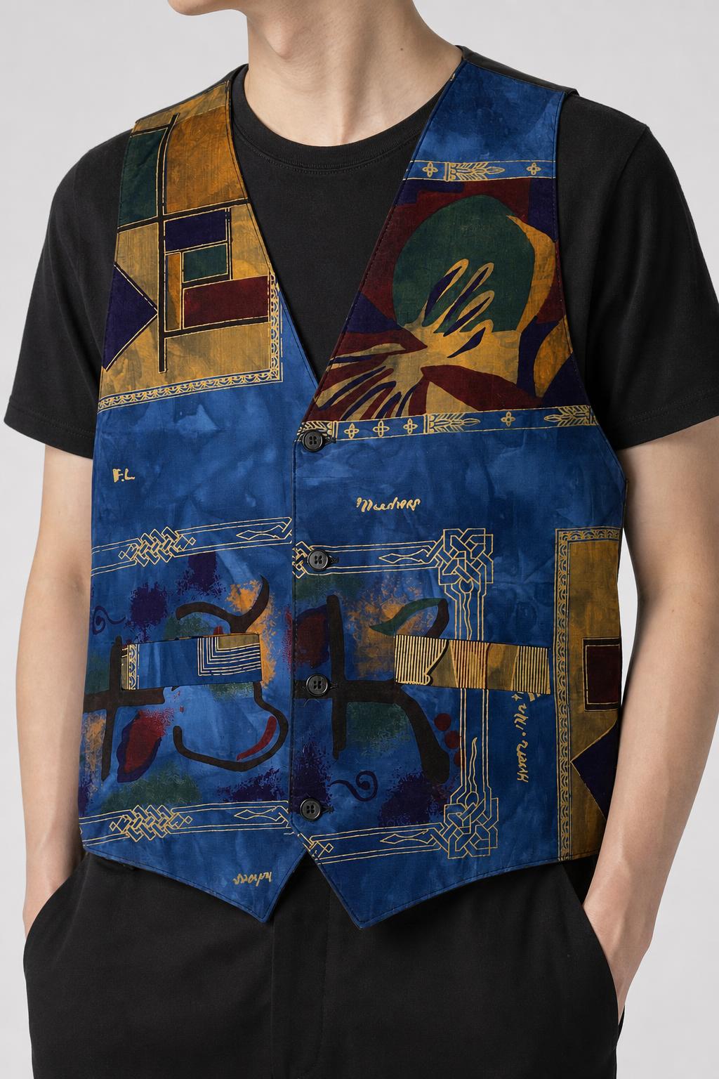 Gilet vintage uomo stampa artistica blu indossato