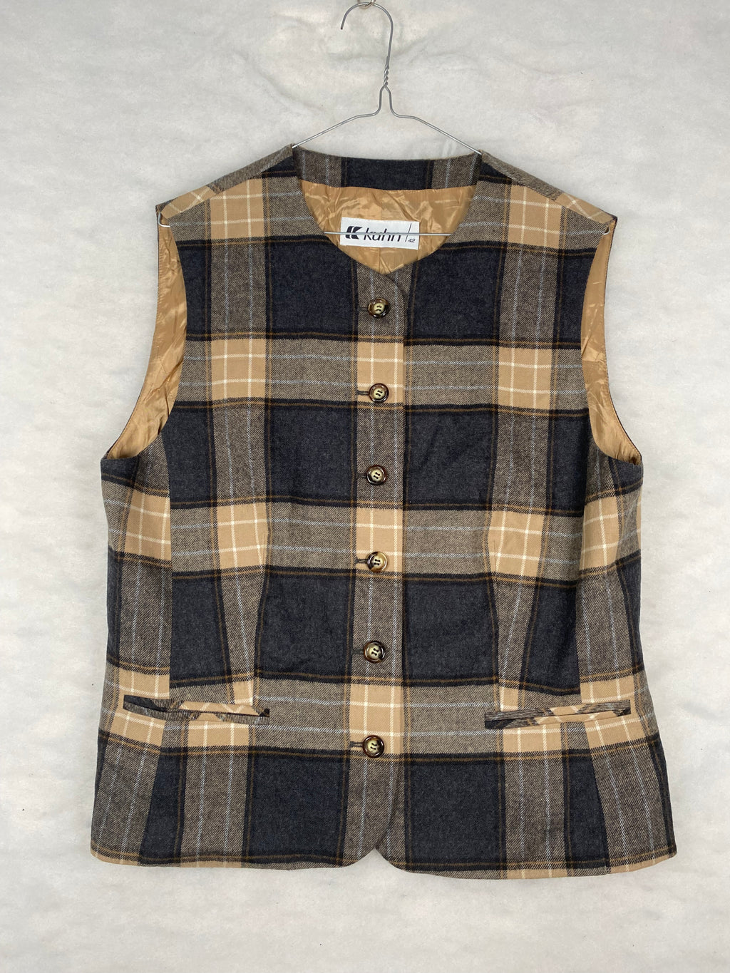 Gilet / Panciotto Vintage Donna in Lana a Quadri Tartan – Blu e Beige – Taglia M (IT 42)