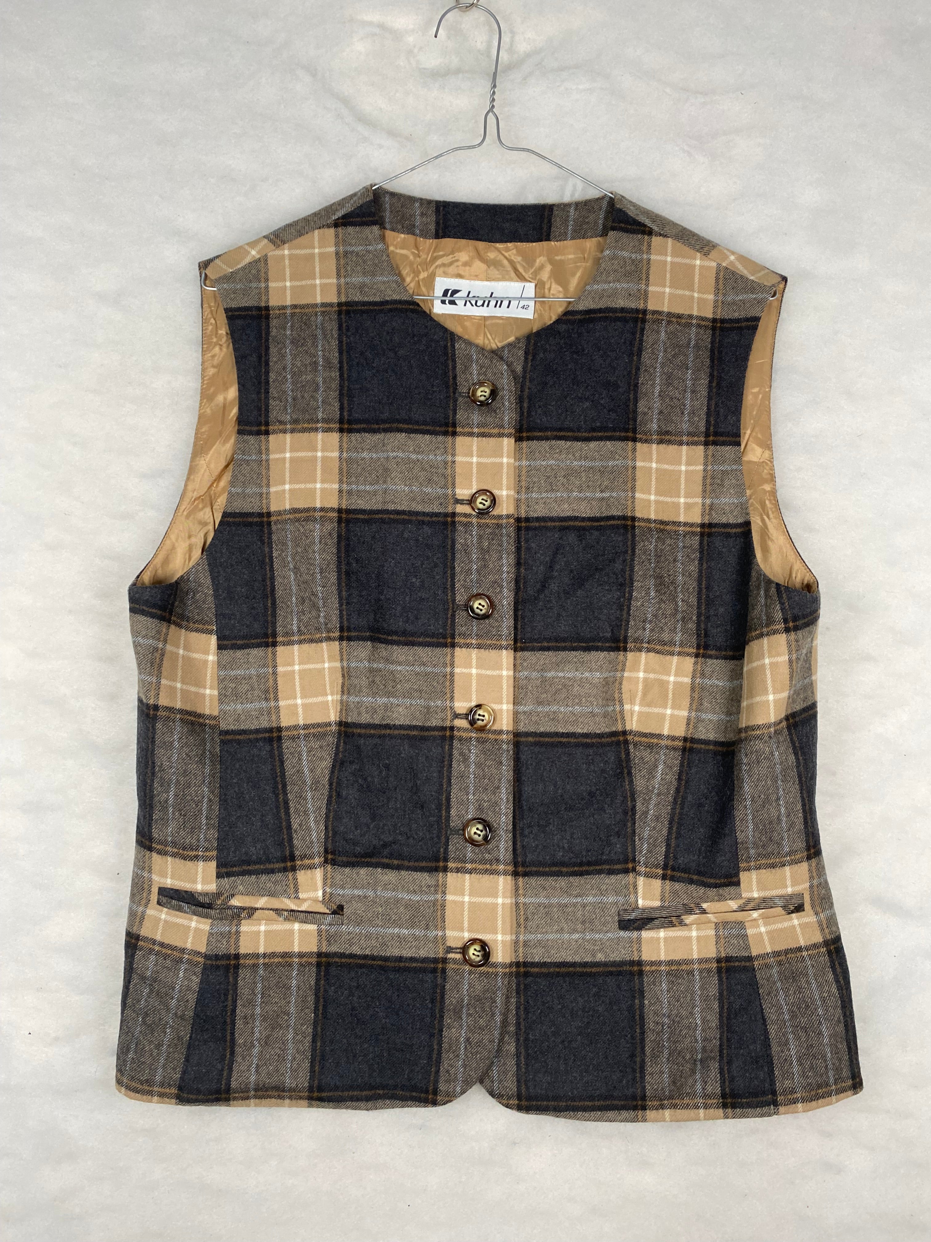 Gilet / Panciotto Vintage Donna in Lana a Quadri Tartan – Blu e Beige – Taglia M (IT 42)