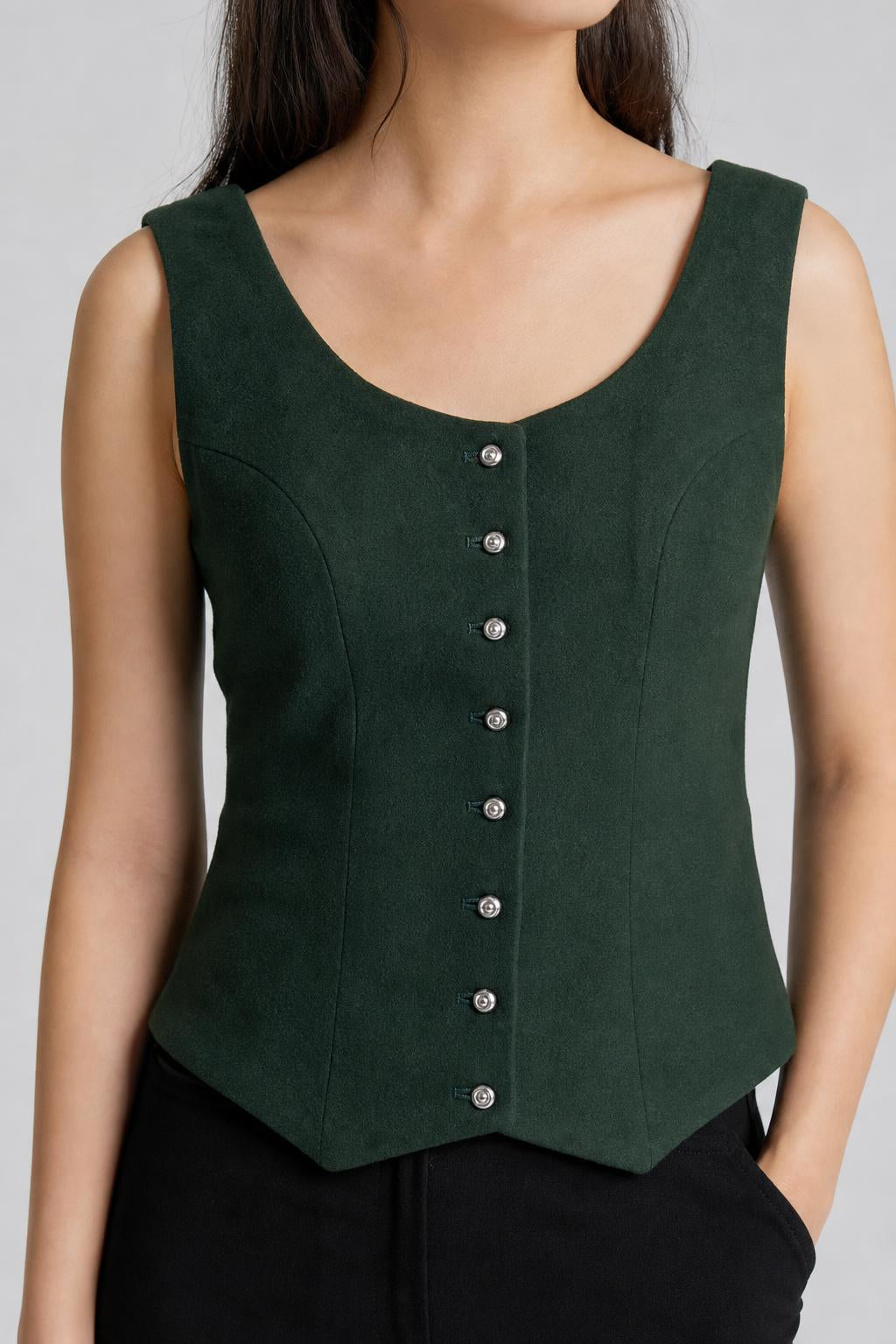 Top vintage donna verde bottiglia smanicato indossato