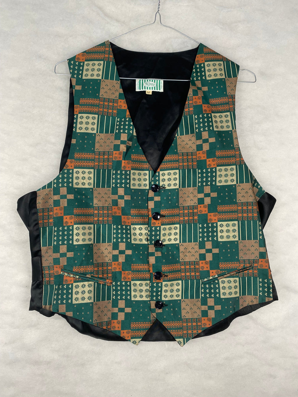 Gilet / Panciotto Vintage Uomo in Seta a Fantasia Geometrica – Verde e Arancione – Taglia M