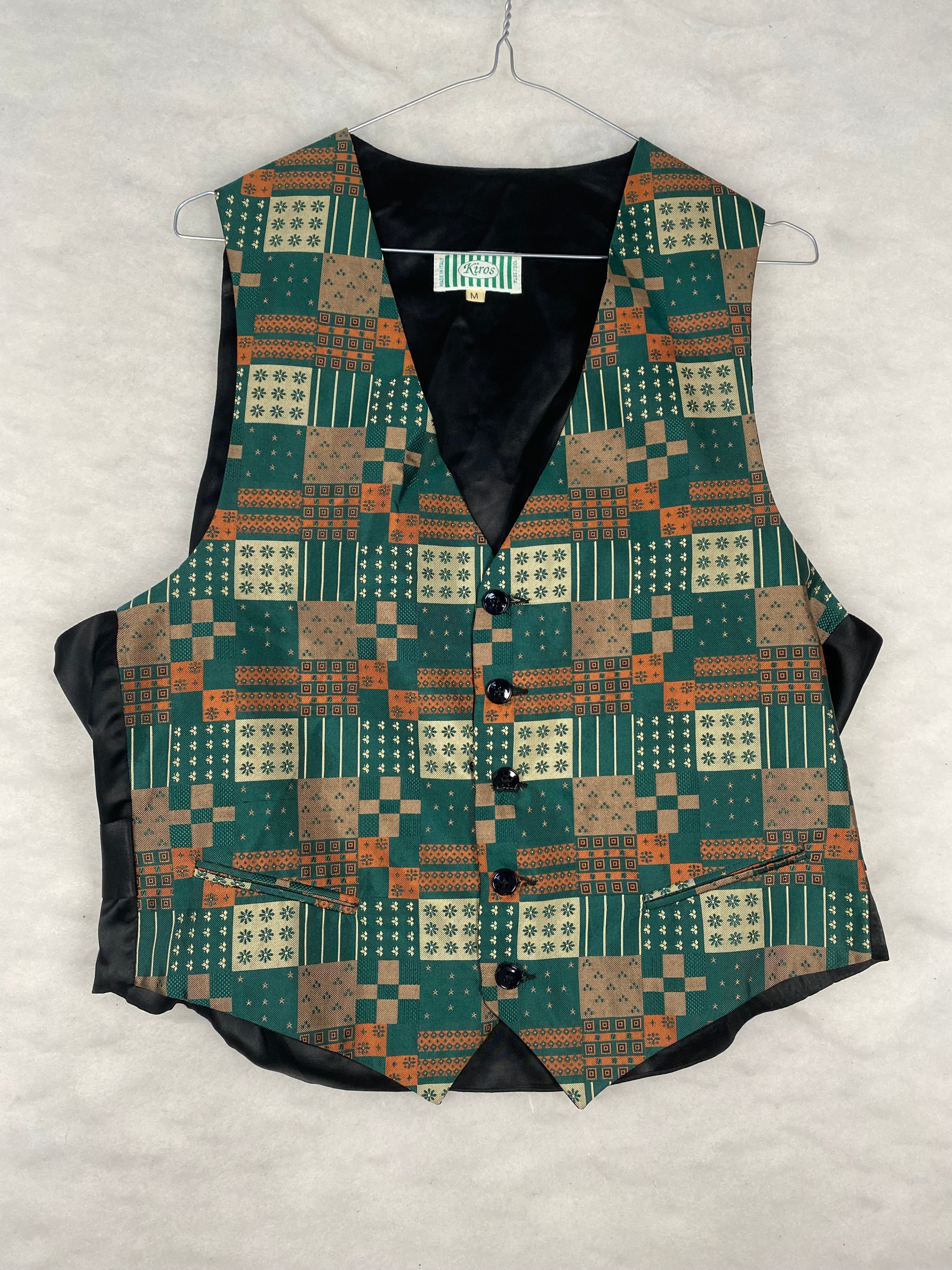 Gilet / Panciotto Vintage Uomo in Seta a Fantasia Geometrica – Verde e Arancione – Taglia M