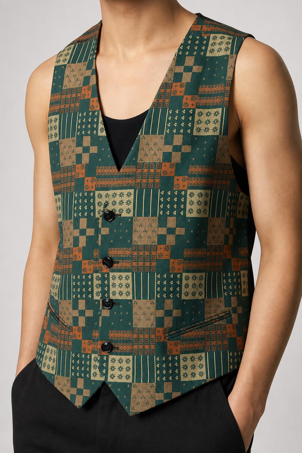 Gilet vintage uomo seta verde arancione indossato
