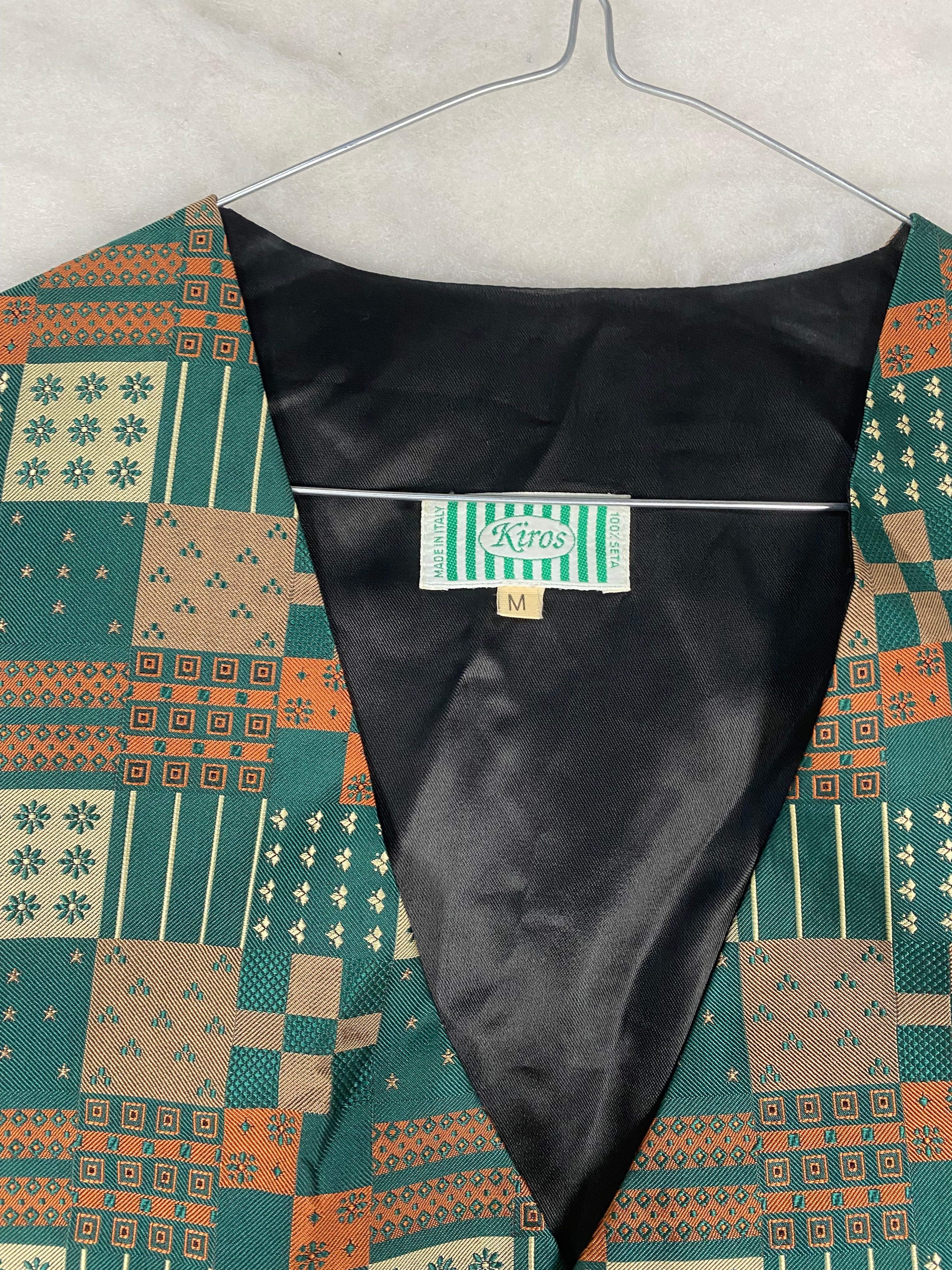 Gilet / Panciotto Vintage Uomo in Seta a Fantasia Geometrica – Verde e Arancione – Taglia M