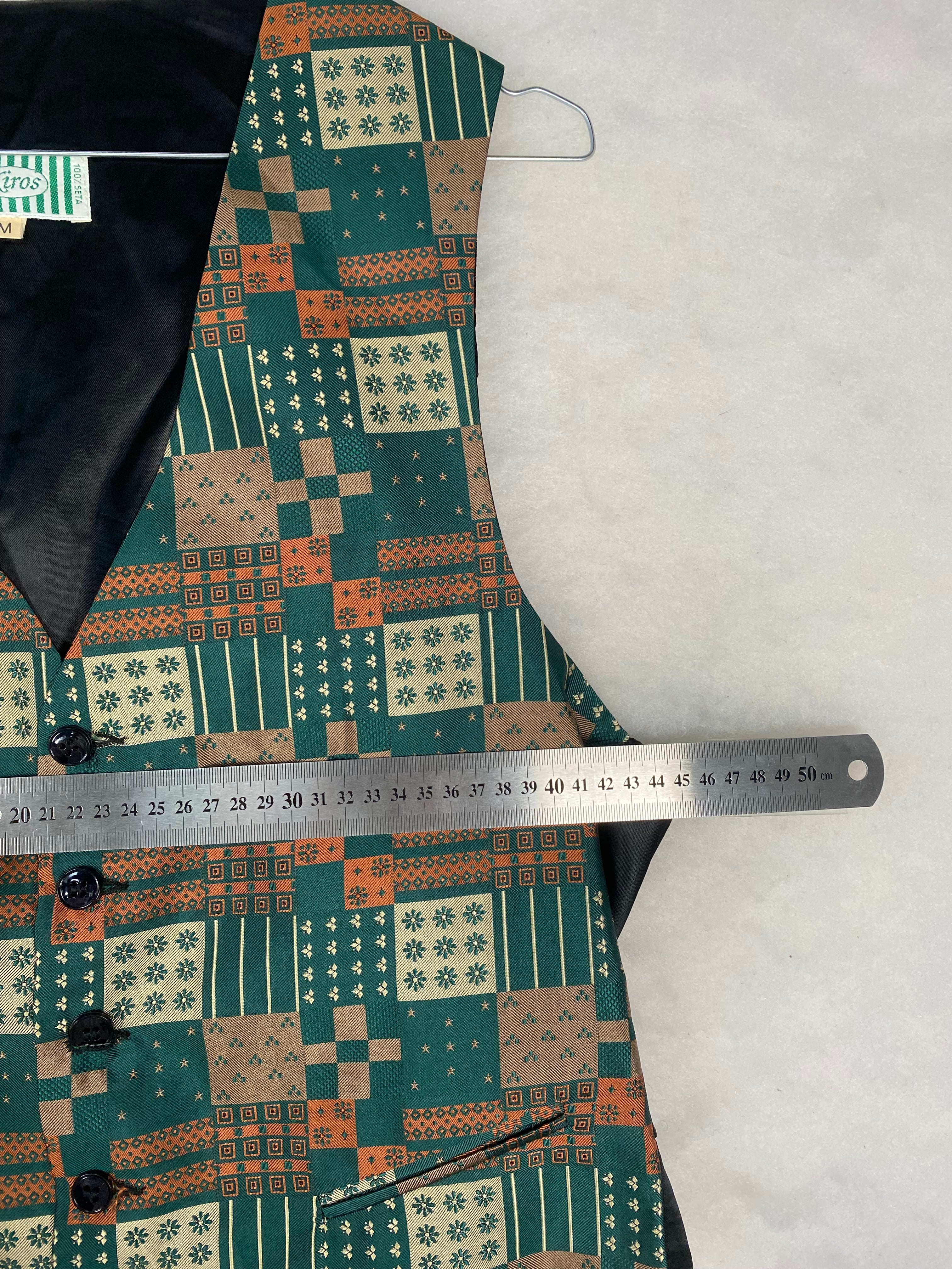 Gilet / Panciotto Vintage Uomo in Seta a Fantasia Geometrica – Verde e Arancione – Taglia M