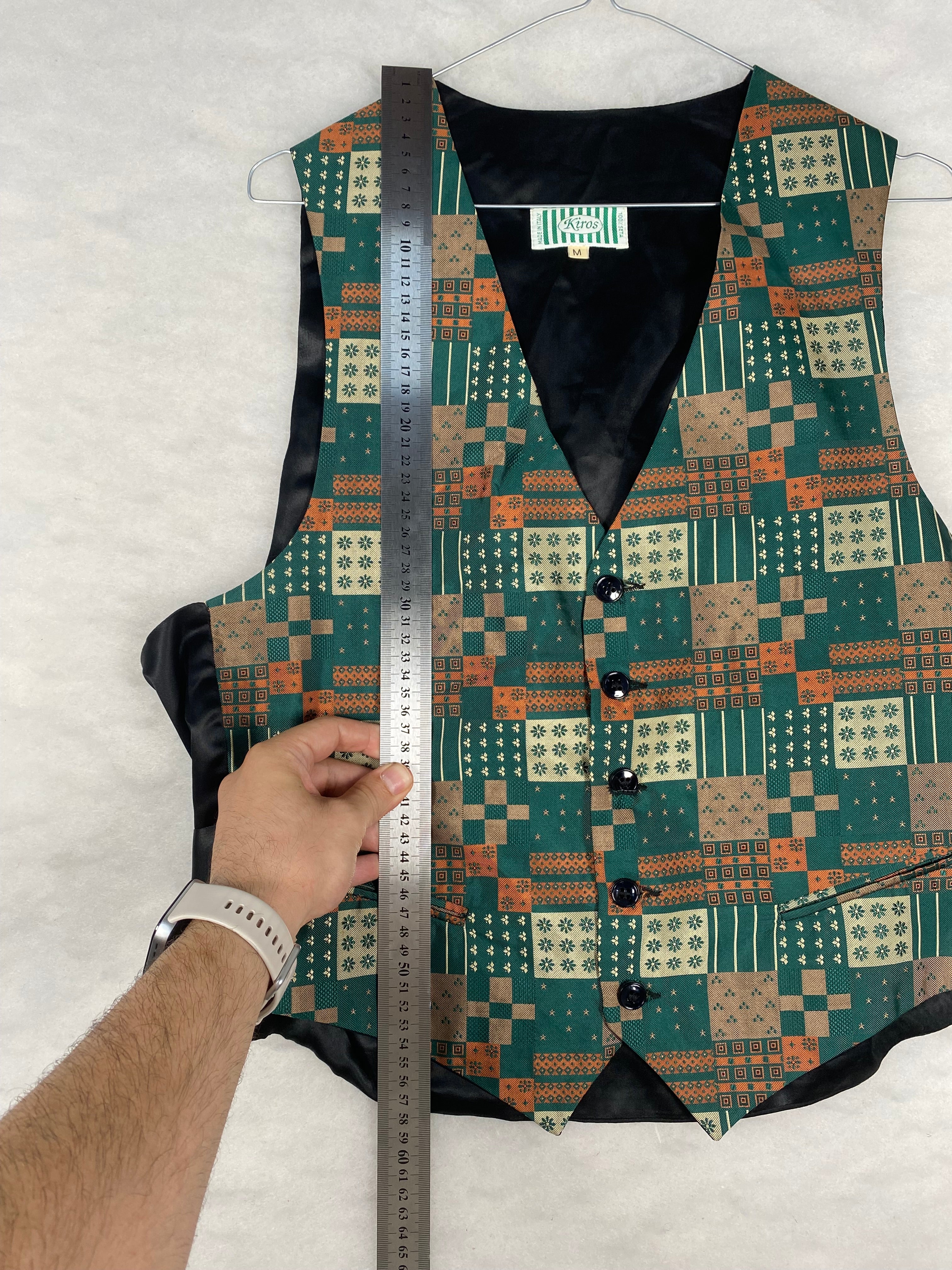 Gilet / Panciotto Vintage Uomo in Seta a Fantasia Geometrica – Verde e Arancione – Taglia M