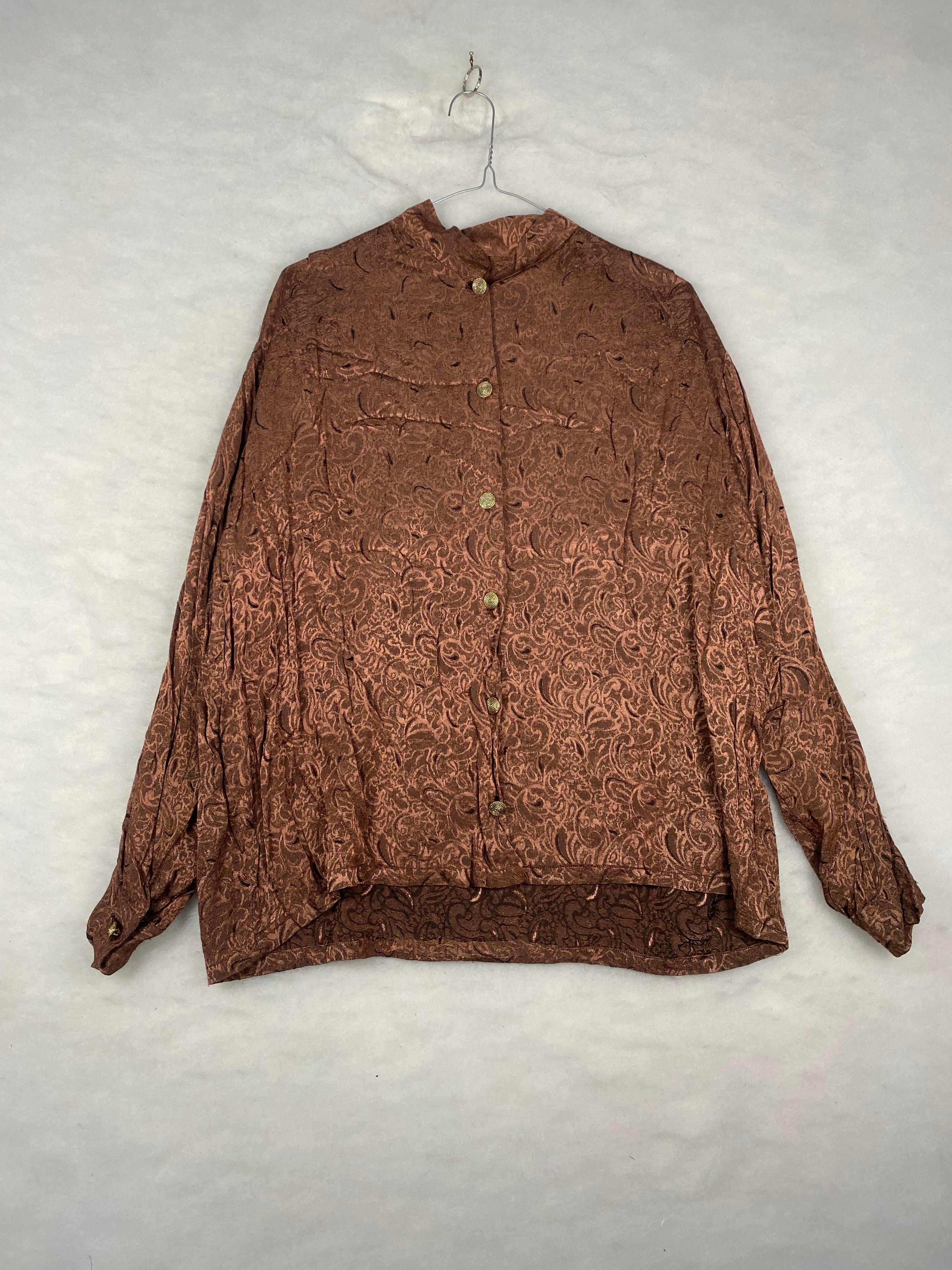 Camicia / Blusa Vintage Donna in Jacquard Damascato – Marrone con Bottoni Oro