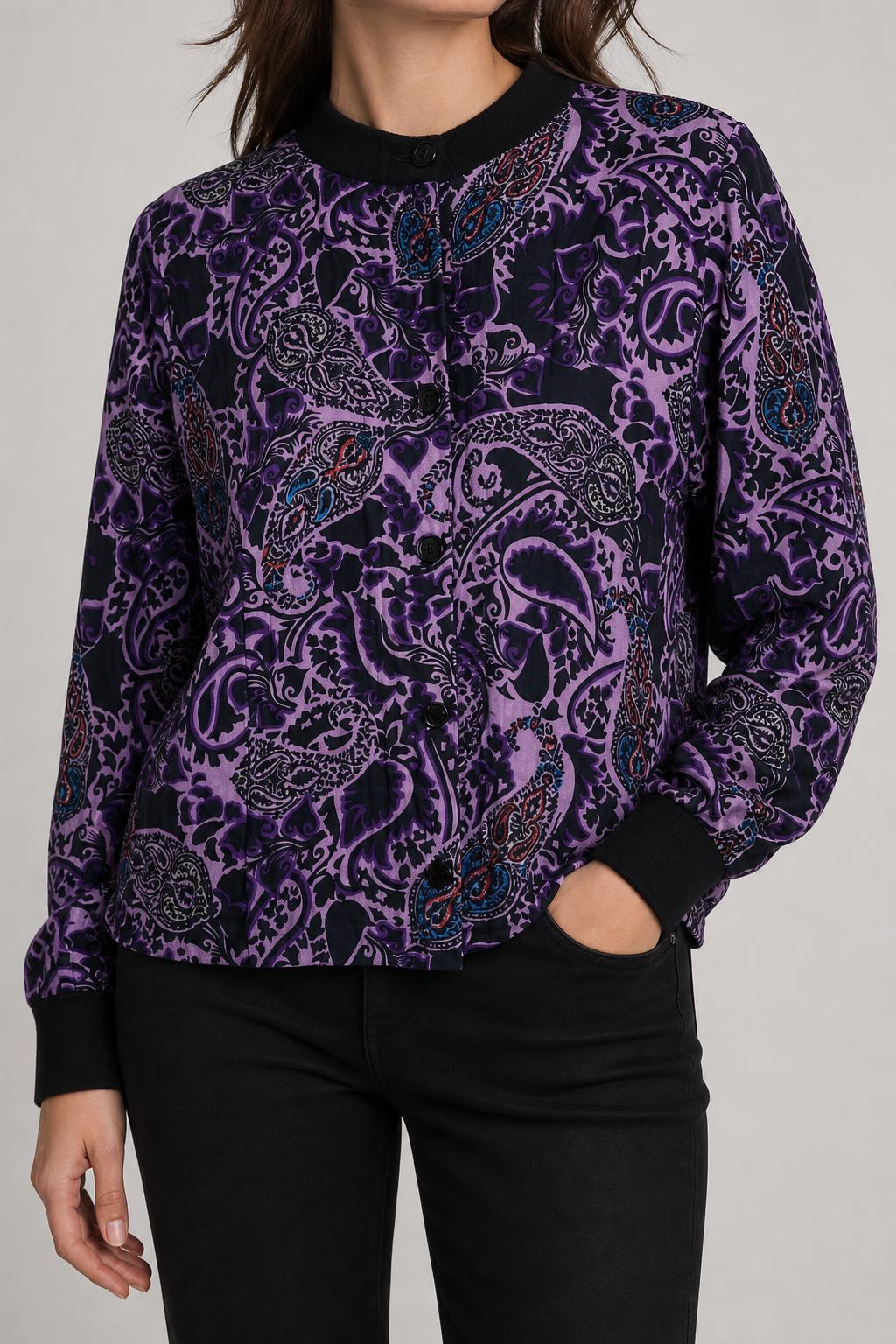 Giacca bomber vintage donna paisley viola indossata