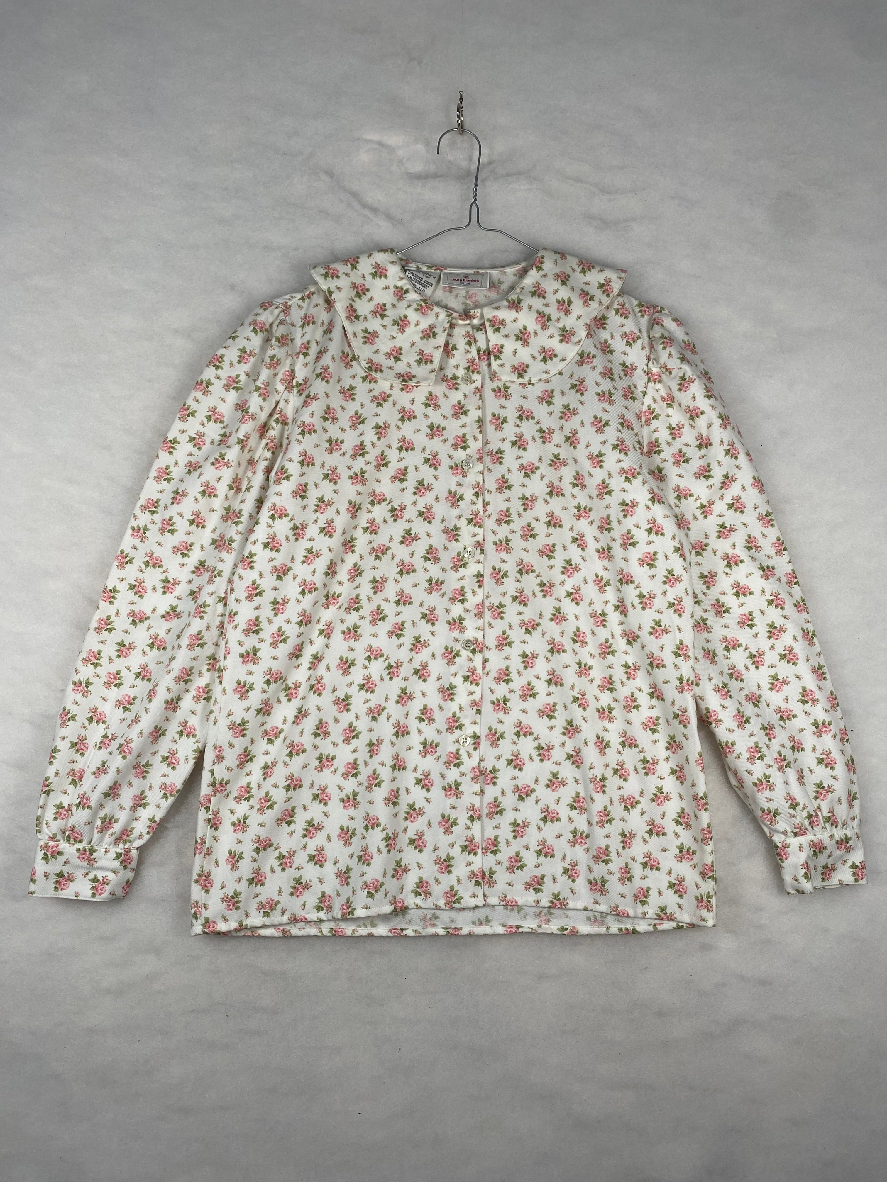 Camicia Vintage Donna Laura Biagiotti a Fiori – Bianca con Roselline – Colletto Tondo