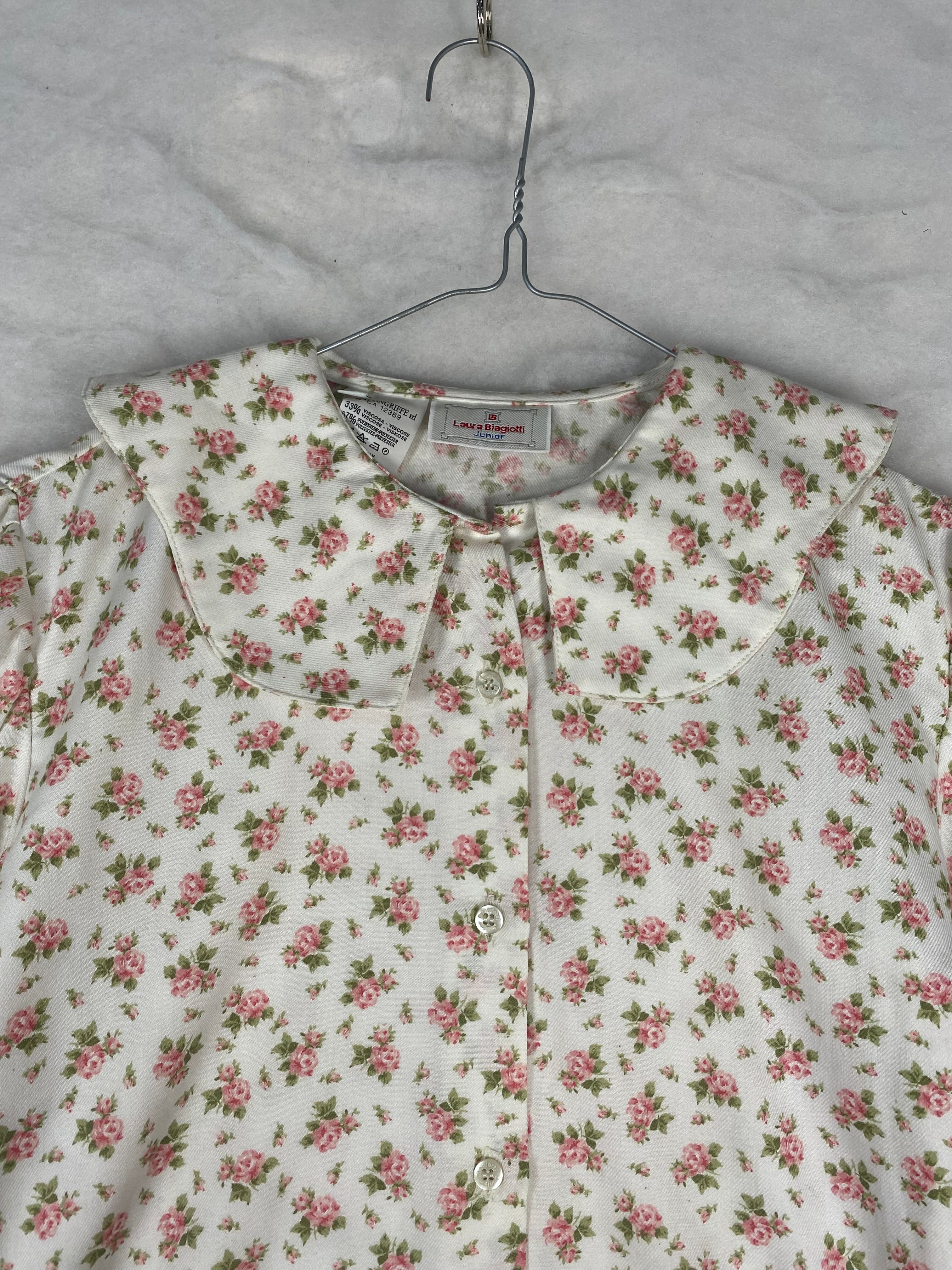 Camicia Vintage Donna Laura Biagiotti a Fiori – Bianca con Roselline – Colletto Tondo