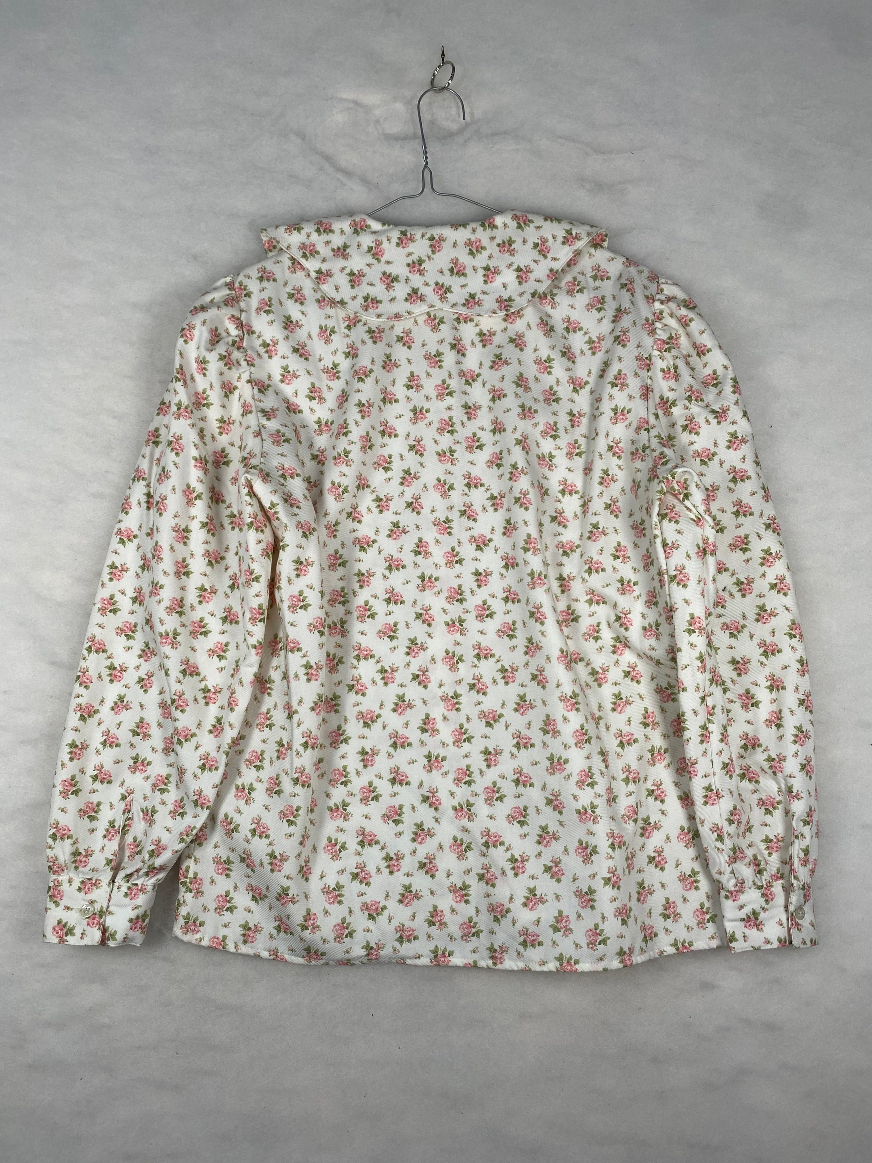Camicia Vintage Donna Laura Biagiotti a Fiori – Bianca con Roselline – Colletto Tondo
