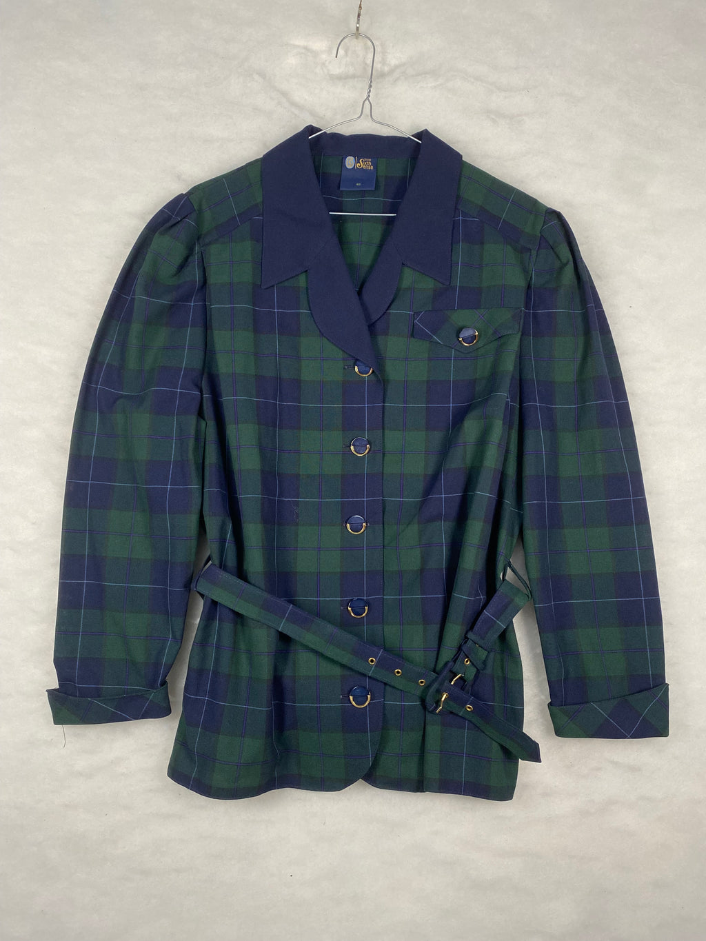 Giacca Vintage Donna Your Sixth Sense in Tartan Black Watch – Verde e Blu con Cintura – Taglia S (IT 40)