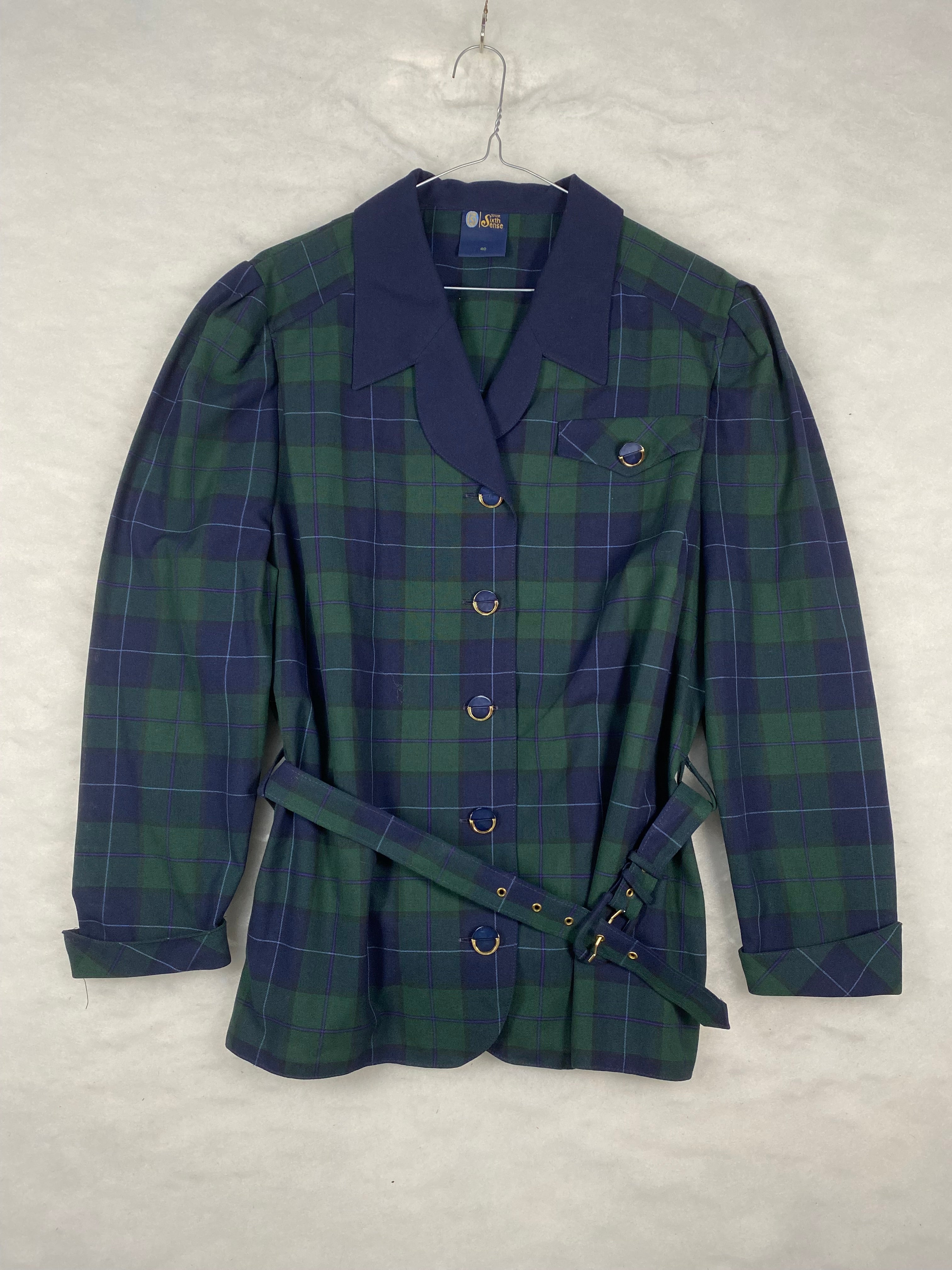 Giacca Vintage Donna Your Sixth Sense in Tartan Black Watch – Verde e Blu con Cintura – Taglia S (IT 40)