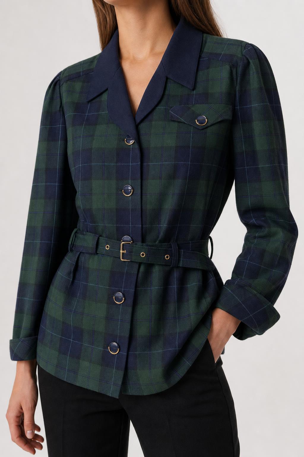 Giacca vintage donna tartan verde blu con cintura indossata