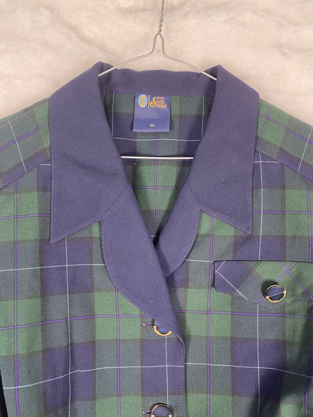 Giacca Vintage Donna Your Sixth Sense in Tartan Black Watch – Verde e Blu con Cintura – Taglia S (IT 40)