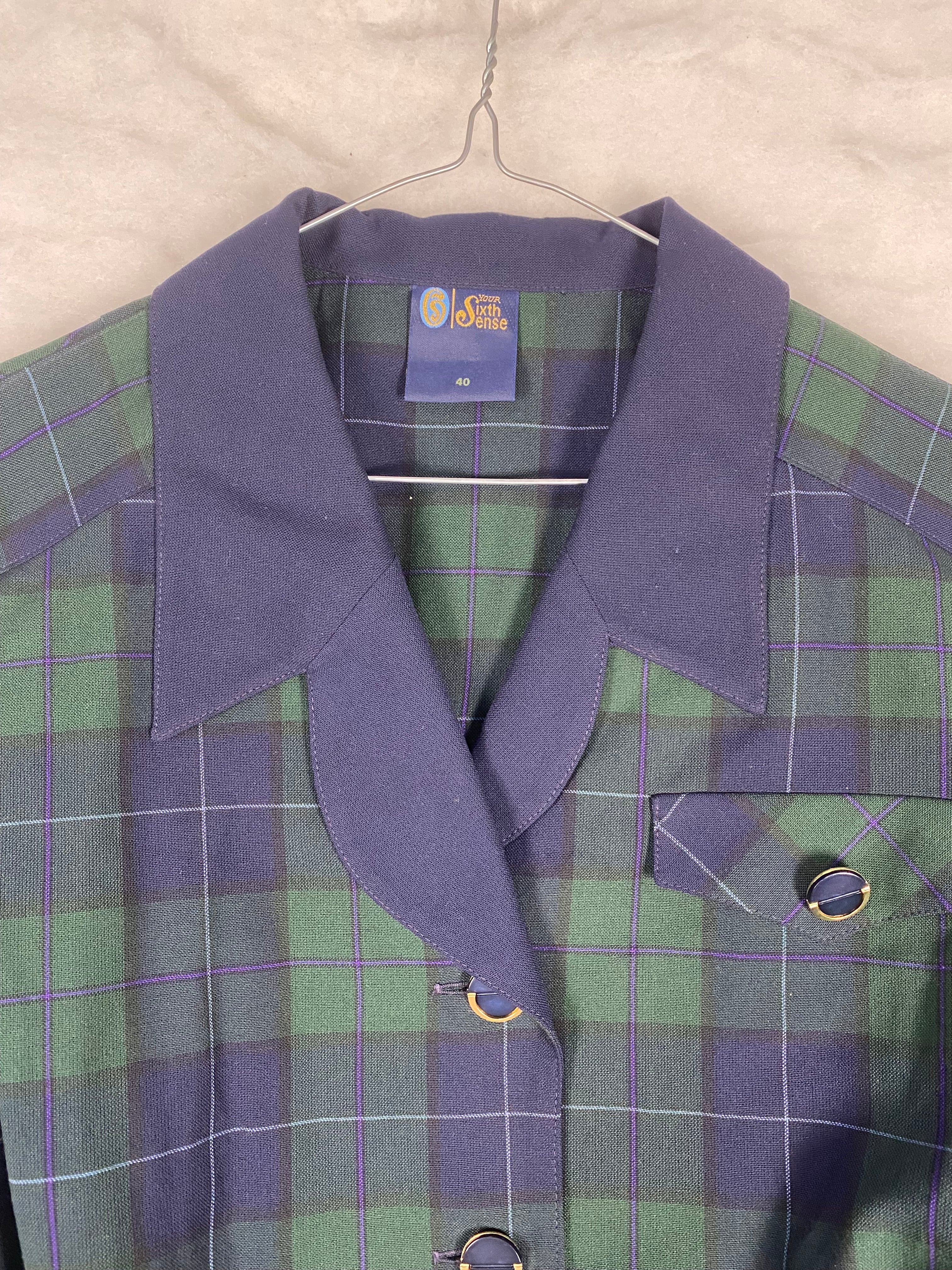 Giacca Vintage Donna Your Sixth Sense in Tartan Black Watch – Verde e Blu con Cintura – Taglia S (IT 40)
