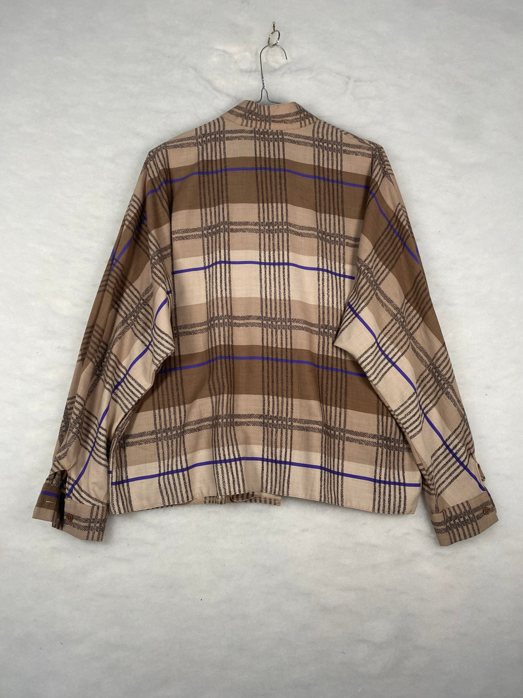 Camicia / Blusa Vintage Donna a Quadri – Beige e Marrone con Righe Blu – Taglia L (IT 46)
