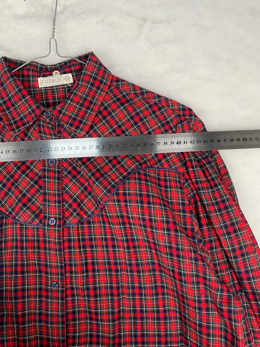 Camicia vintage donna tartan rosso - etichetta e misure