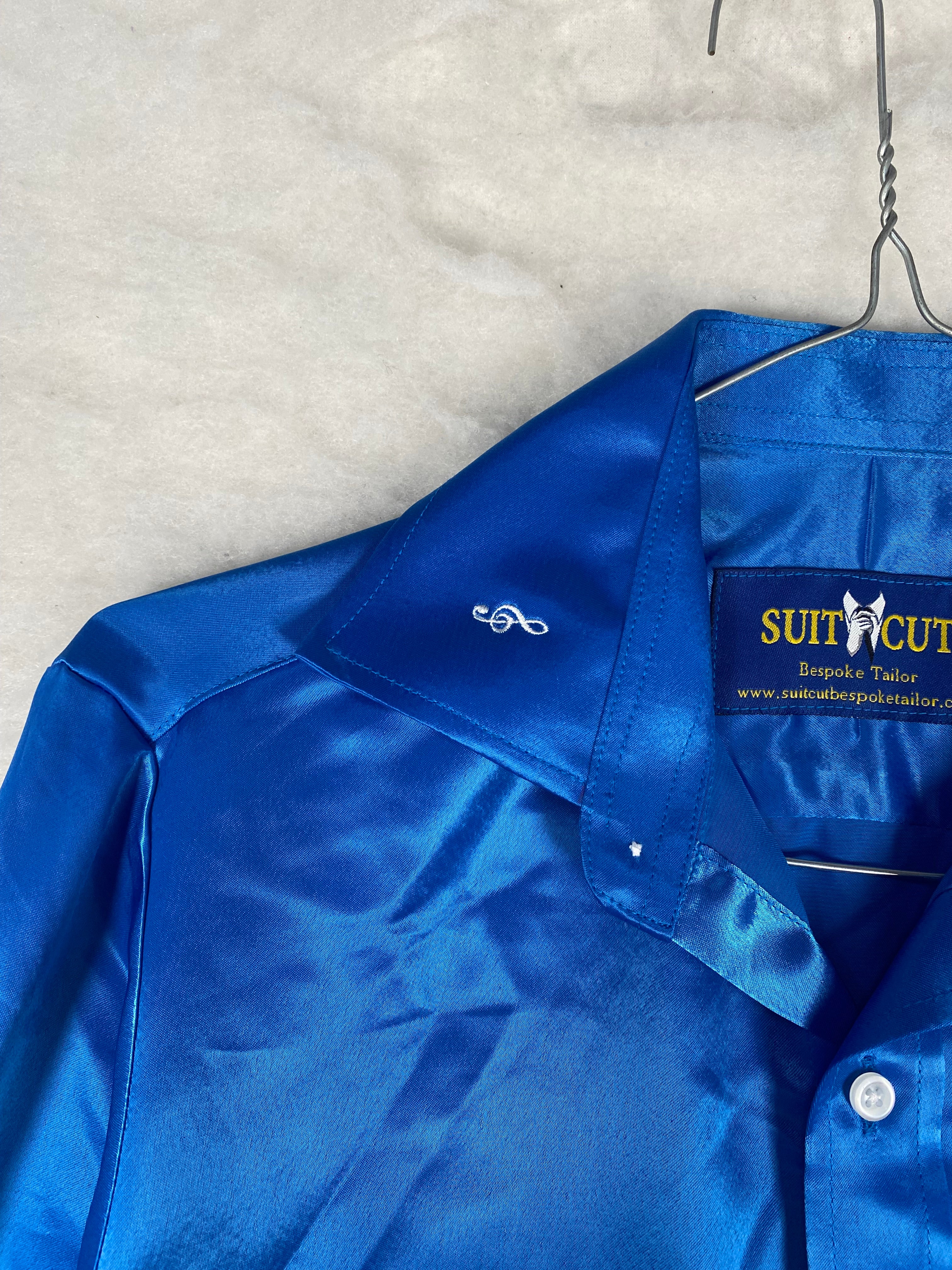 Camicia uomo raso blu elettrico - colletto