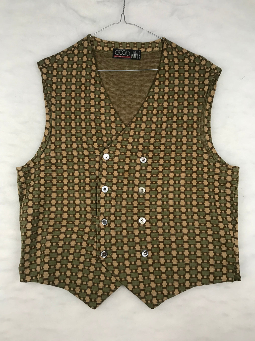 Gilet Vintage Uomo in Maglia Jacquard Geometrico Verde e Beige