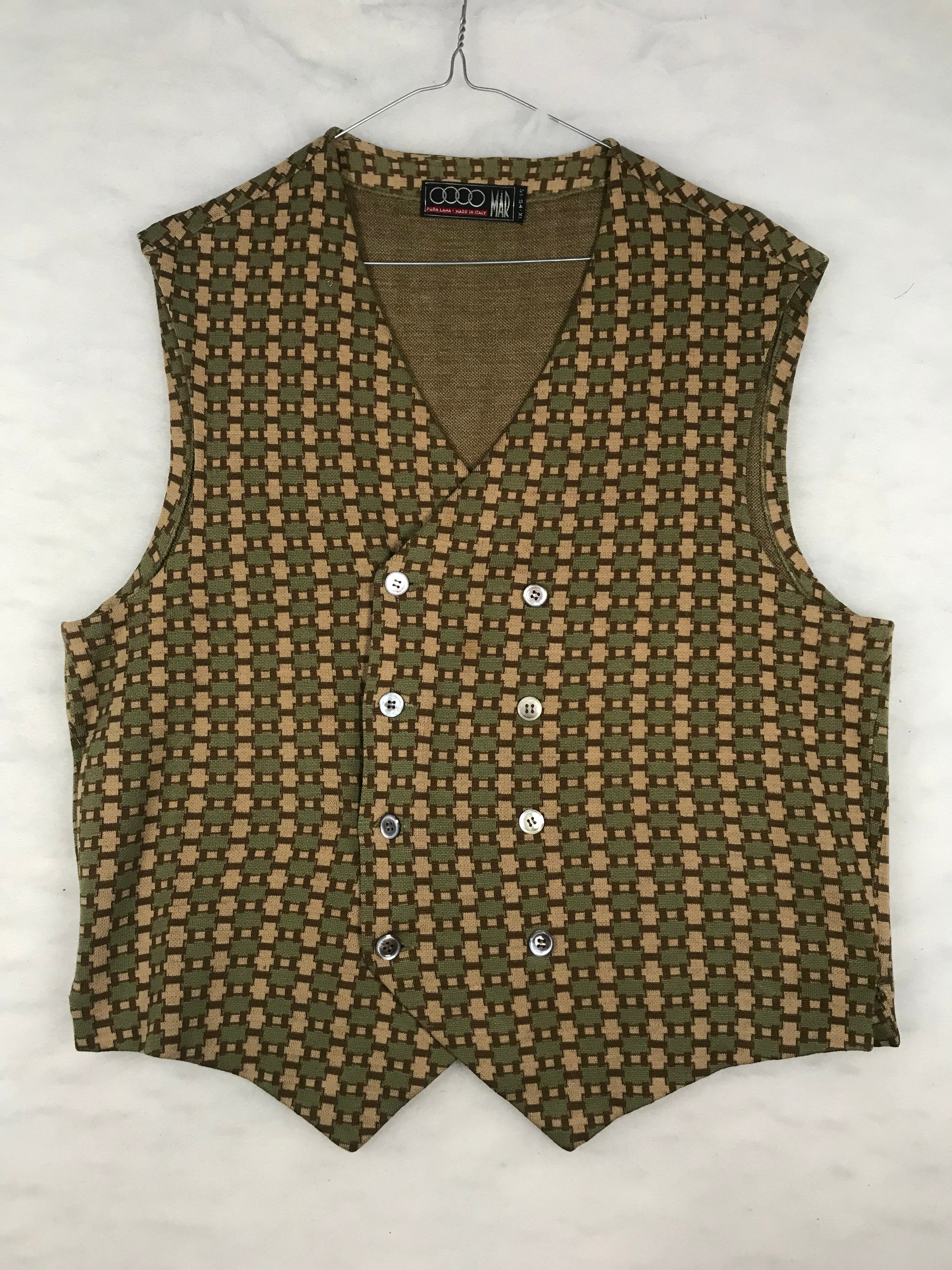 Gilet Vintage Uomo in Maglia Jacquard Geometrico Verde e Beige