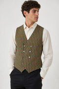 Gilet Vintage Uomo in Maglia Jacquard Geometrico Verde e Beige