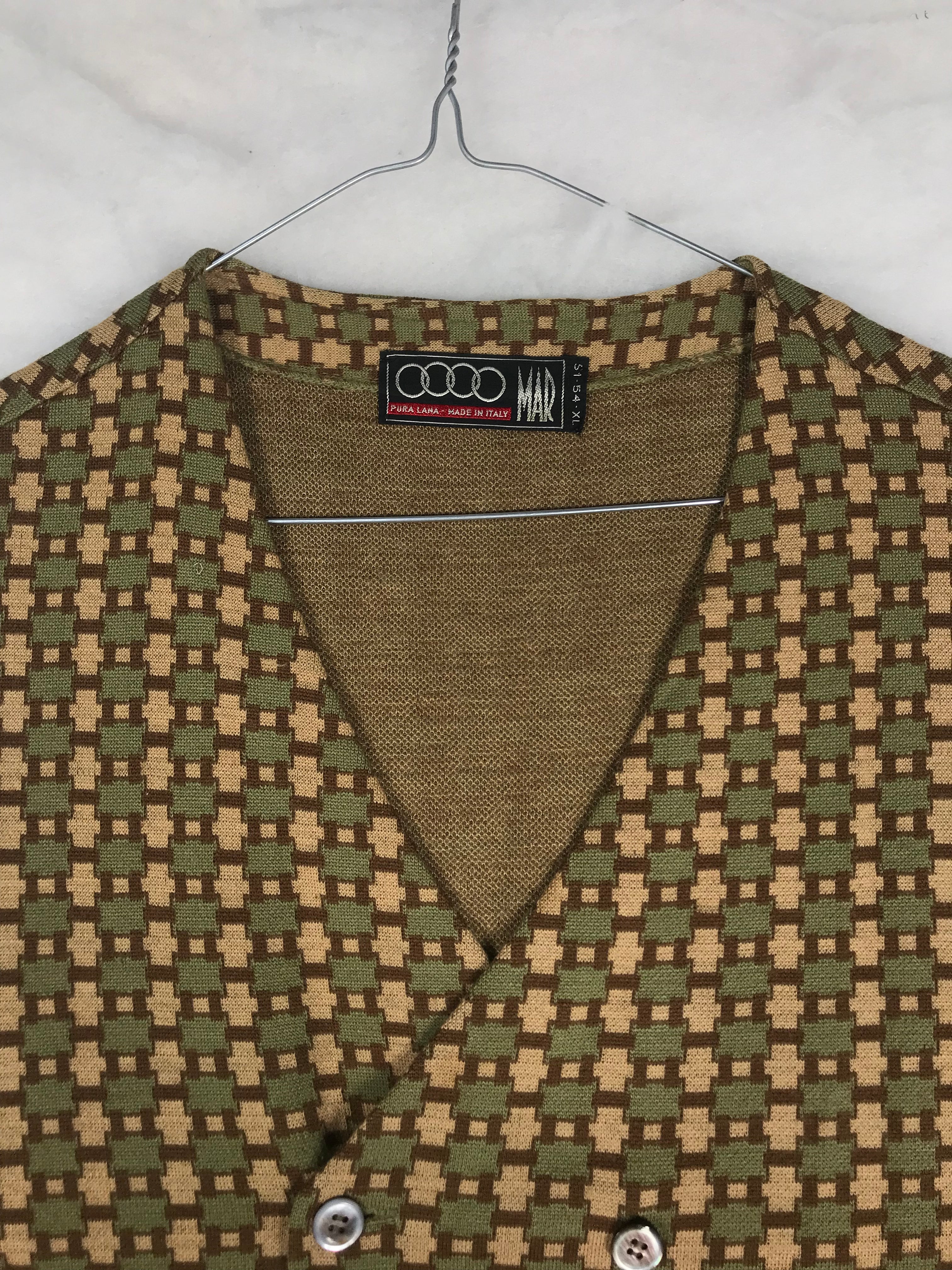 Gilet Vintage Uomo in Maglia Jacquard Geometrico Verde e Beige