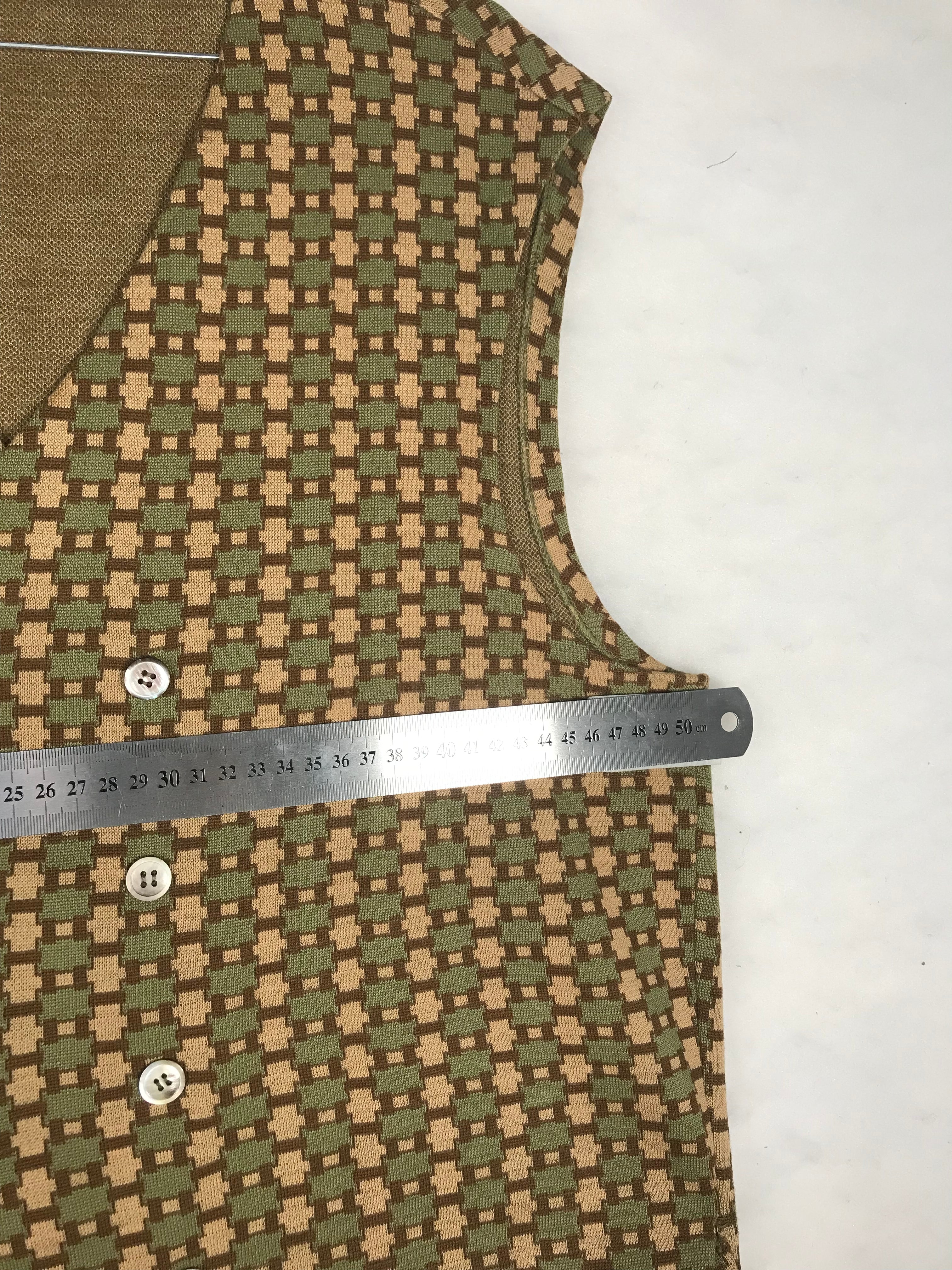 Gilet Vintage Uomo in Maglia Jacquard Geometrico Verde e Beige